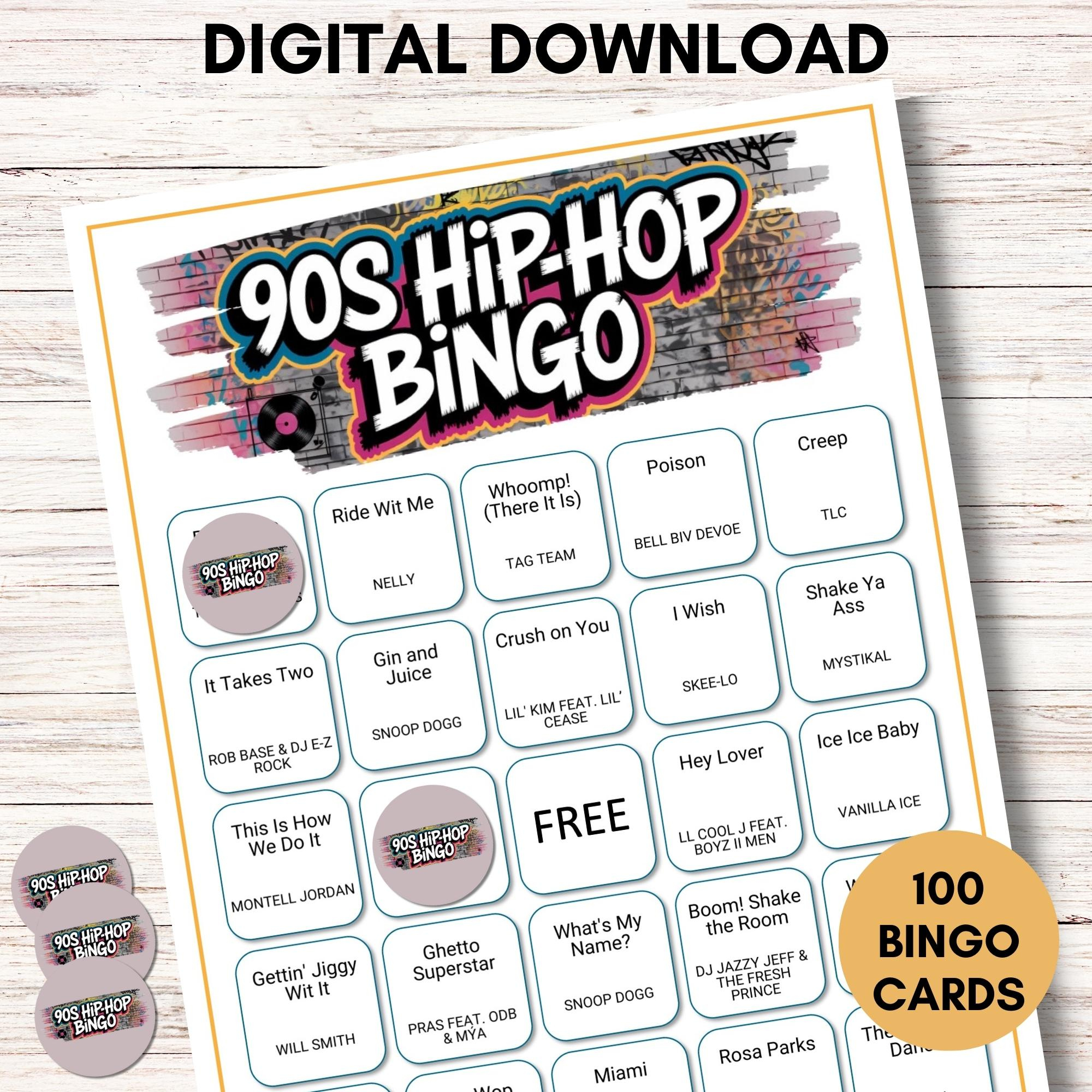 90S Hip Hop Bingo, Music Bingo Fun, 100 Unique Cards, Digital intended for Hip Hop Bingo Cards