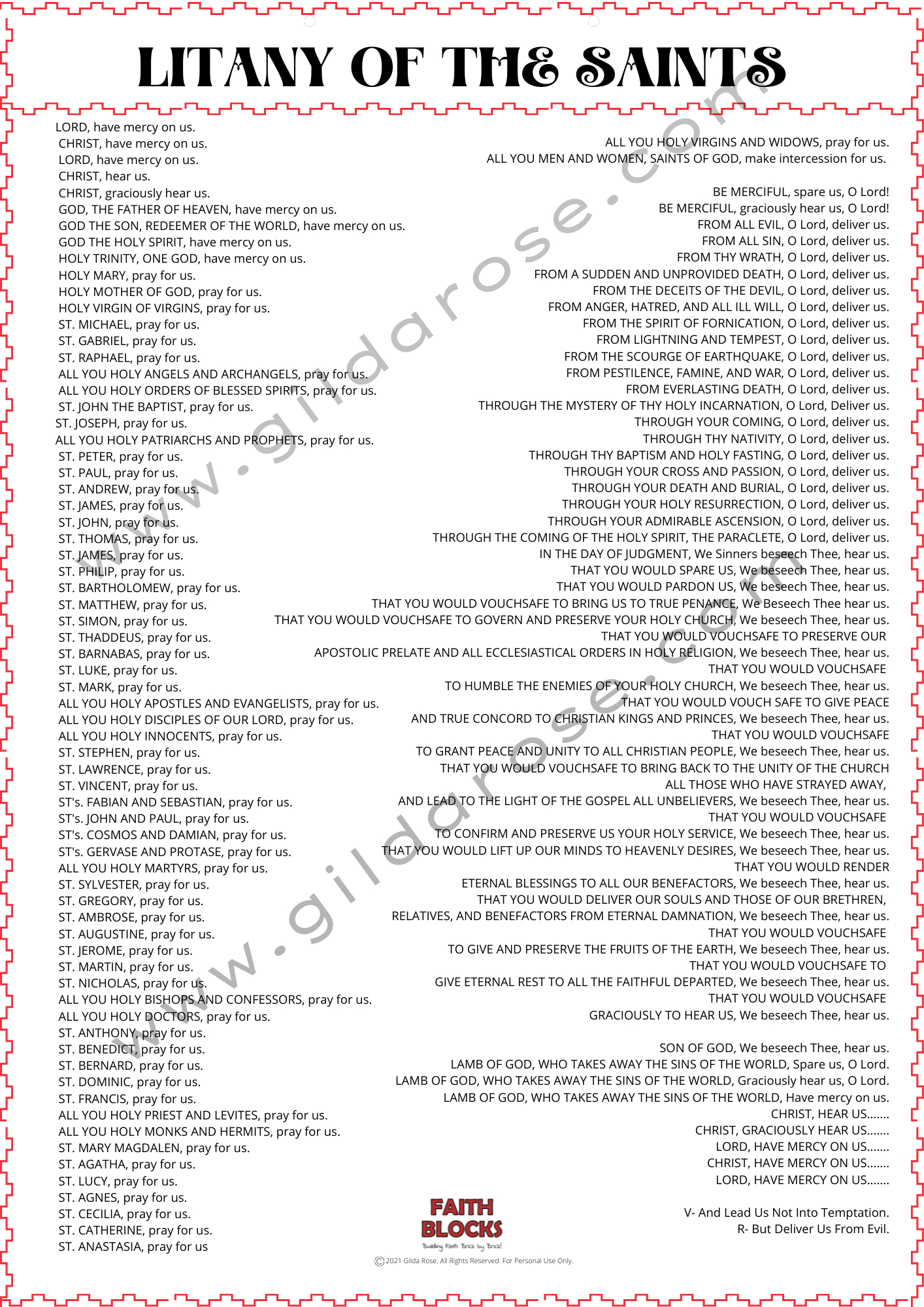 A-Z Saints Chart &amp;amp; Litany Of Saints (A3 Size) - Faith Blocks with Printable Litany of the Saints