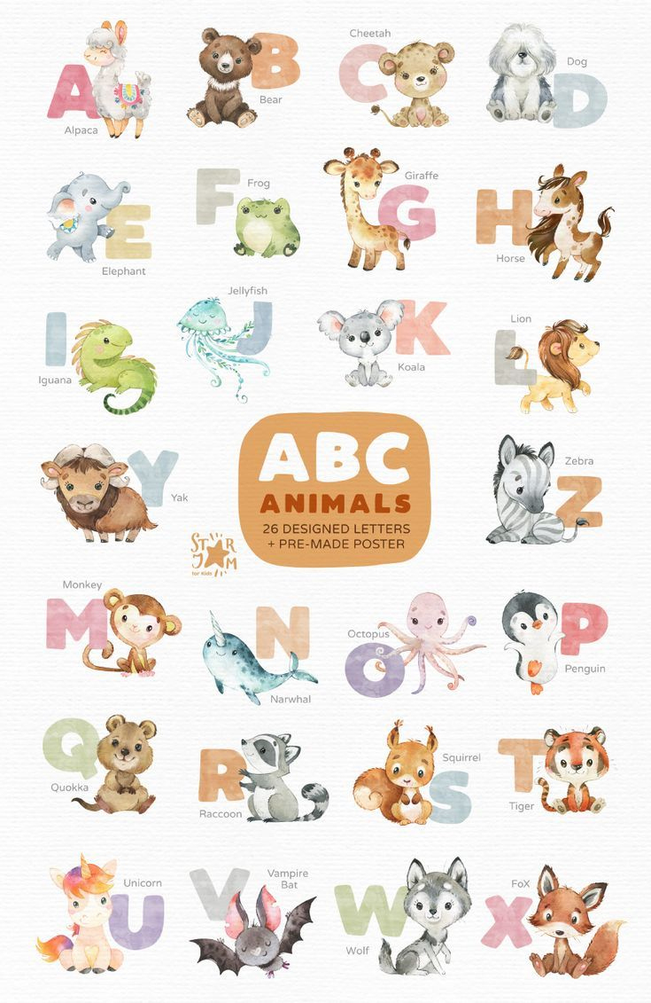 Abc Animals. Watercolor Clipart, Alphabet for Alphabet Letters Animals Printable