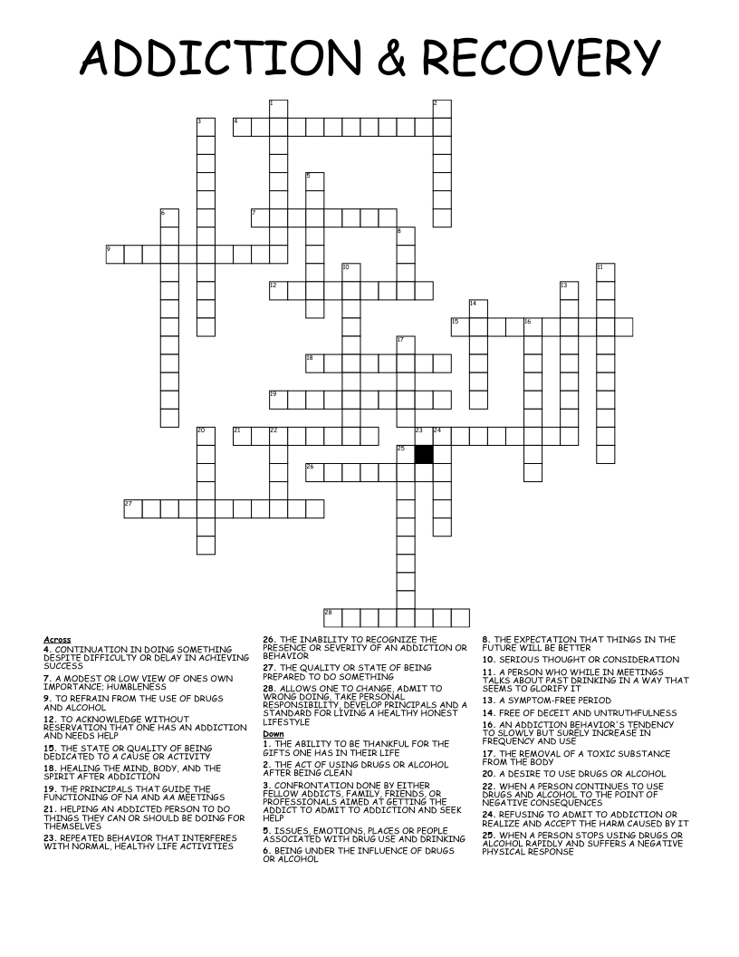 Addiction &amp;amp; Recovery Crossword - Wordmint inside Recovery Crossword Puzzles Free Printable