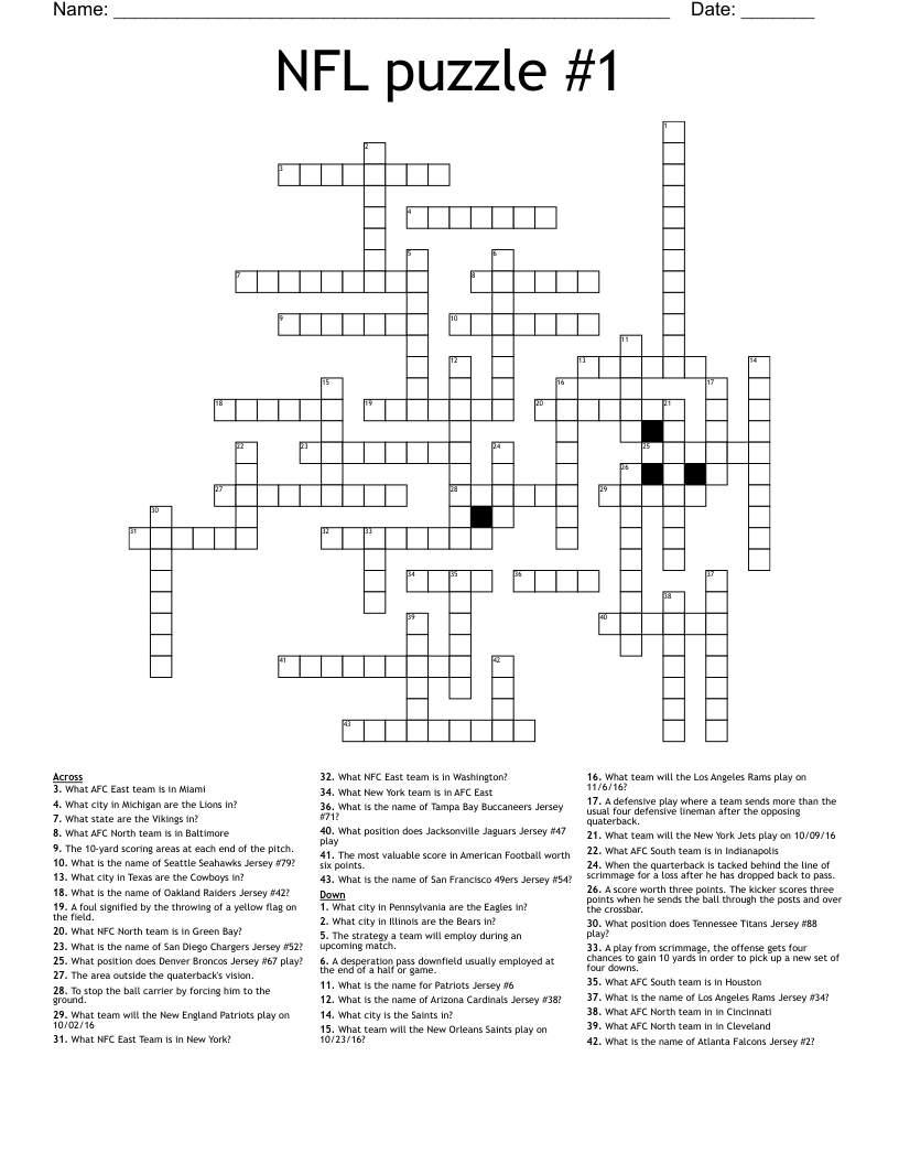 American Football Crosswords, Word Searches, Bingo Cards - Wordmint regarding Football Crossword Puzzle Printable