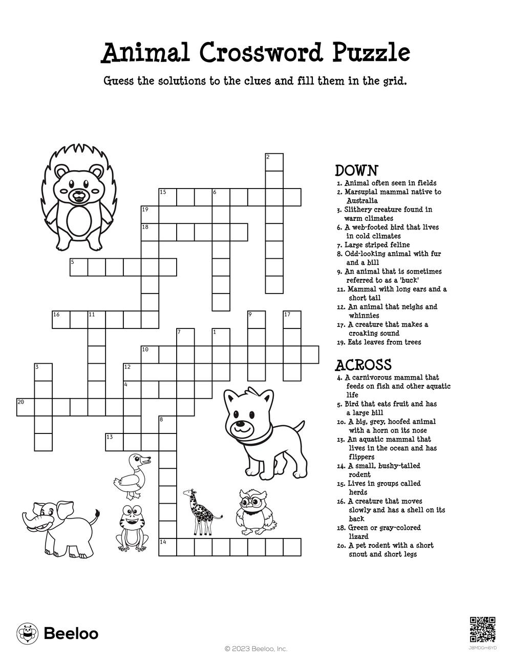 Animal Crossword Puzzle • Beeloo Printable Crafts And Activities for Crossword Puzzle Animals Printable