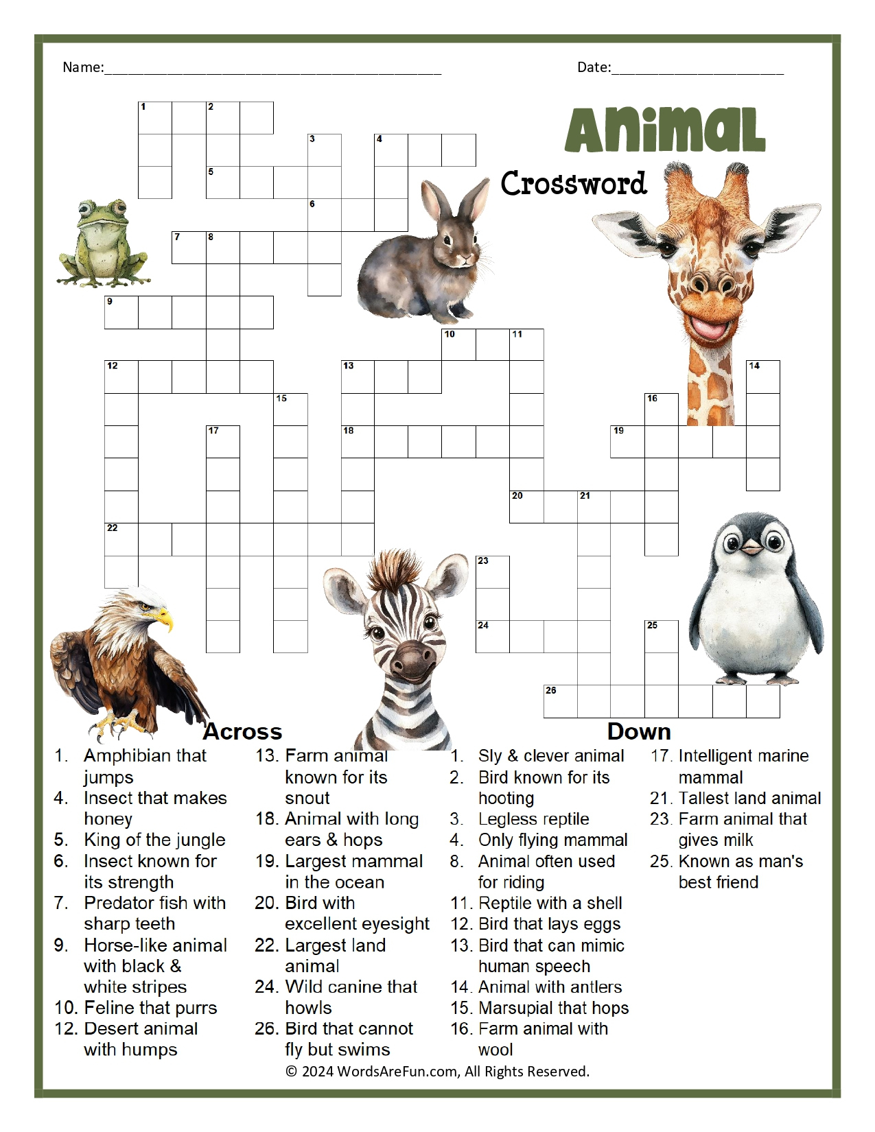 Animal Crossword Puzzles inside Animal Crossword Printable