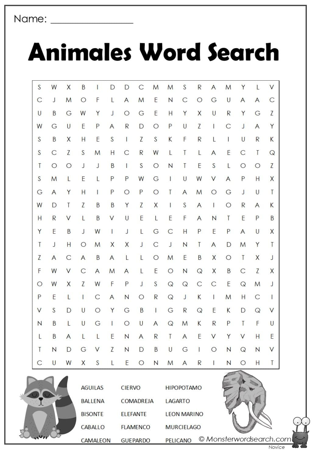 Animales Word Search - Monster Word Search throughout Free Printable Spanish Word Search