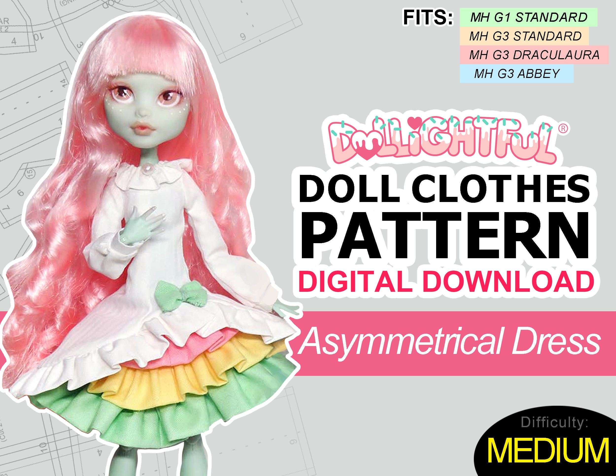 Asymmetrical Dress - Digital Download Doll Clothes Pattern - Etsy throughout Dollightful Free Printable Monster High Doll Clothes Patterns