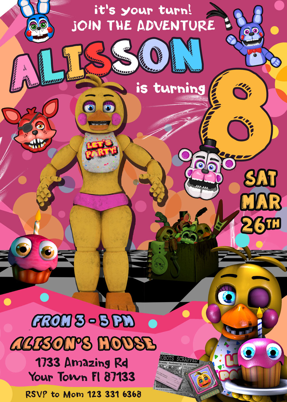 Awsome Five Nights At Freddy&amp;#039;S Birthday Invitation, 2022 Chica For inside Printable Five Nights At Freddy&amp;#039;S Party Ideas