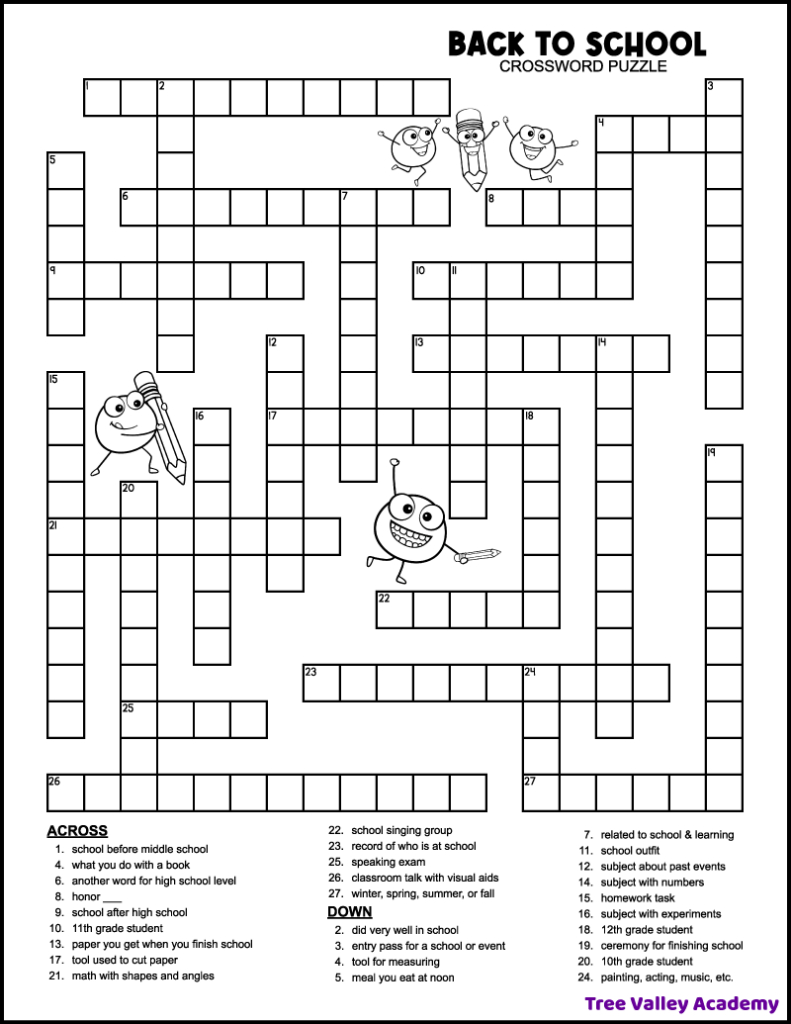 Back To School Crossword Middle School - Tree Valley Academy with Printable Crossword Puzzles For Middle Schoolers