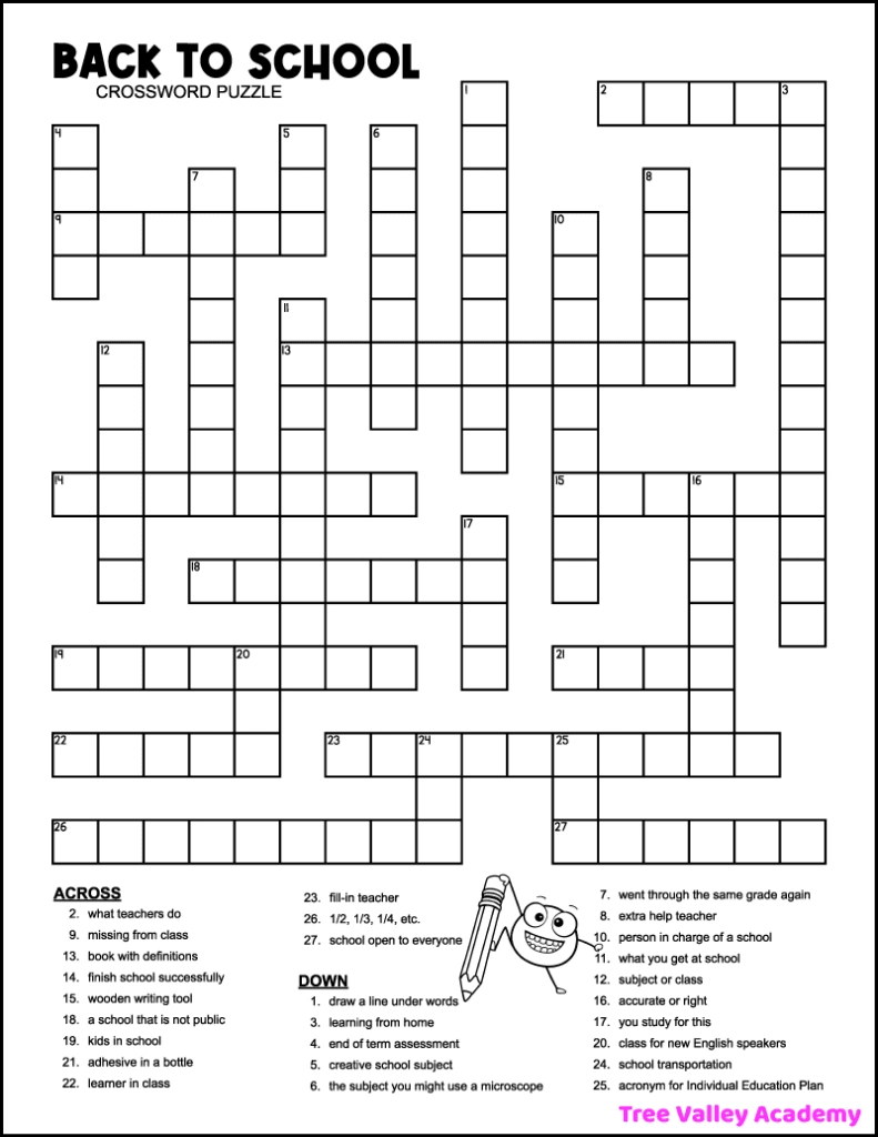 Back To School Crossword Puzzles - Tree Valley Academy for Crossword Puzzles For 5th Graders Printable