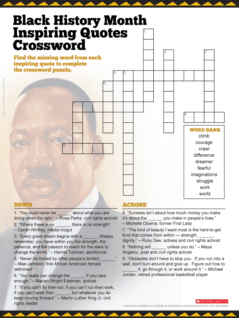 Black History Month Inspiring Quotes Crossword Answer Key: Fill intended for Black History Month Crossword Puzzles Printable