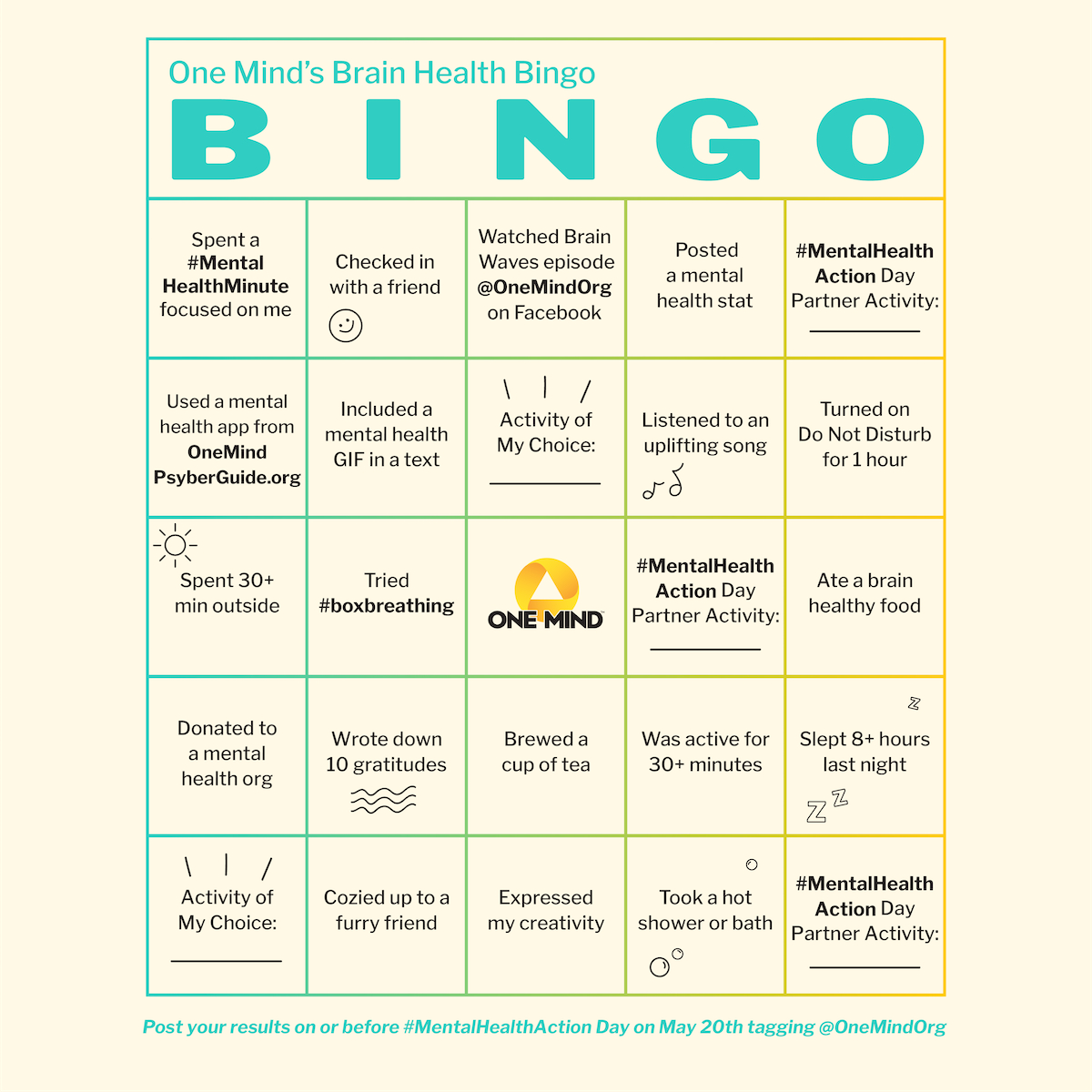 Brain Health Bingo - One Mind with regard to Mental Health Bingo Cards