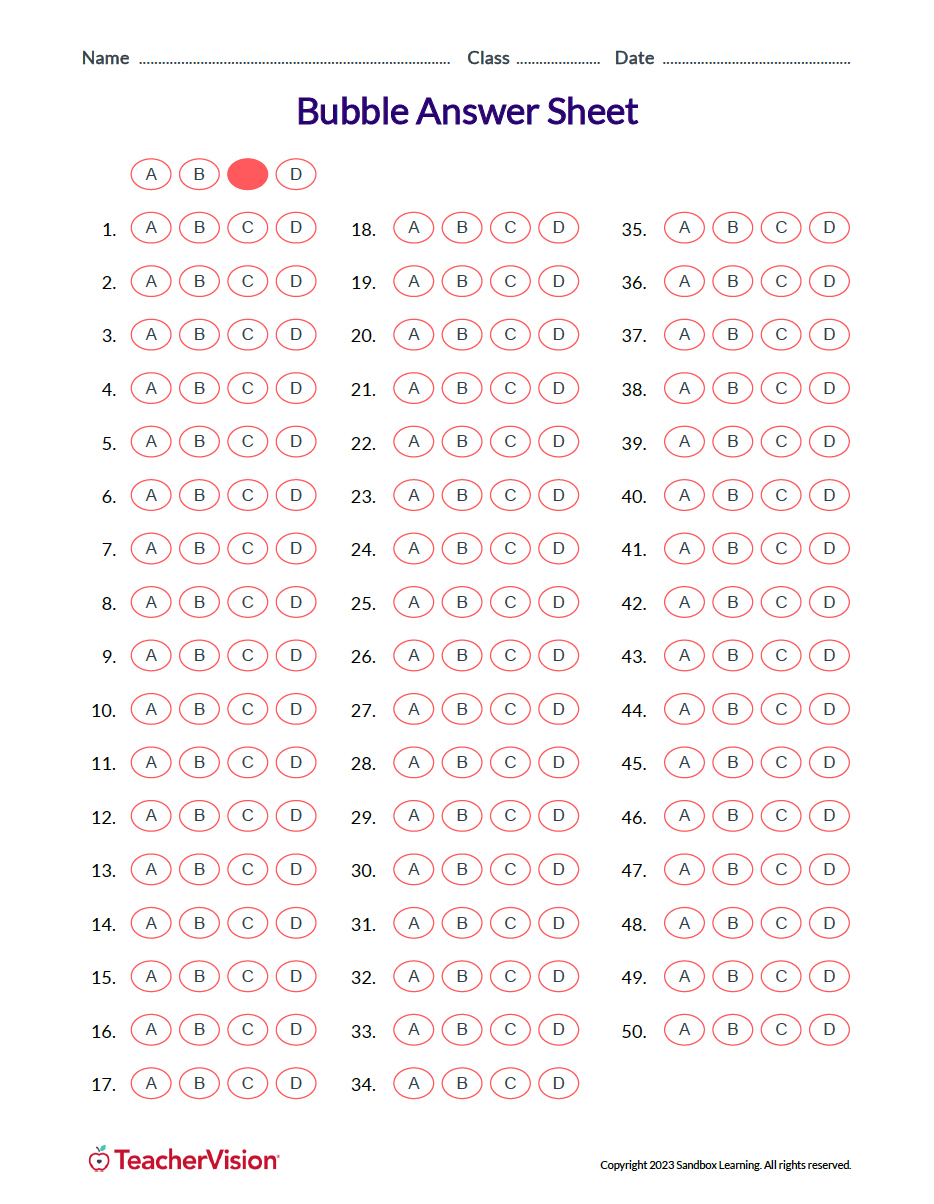 Bubble Answer Sheet For Tests - Teachervision pertaining to Free Printable Scantron Sheet