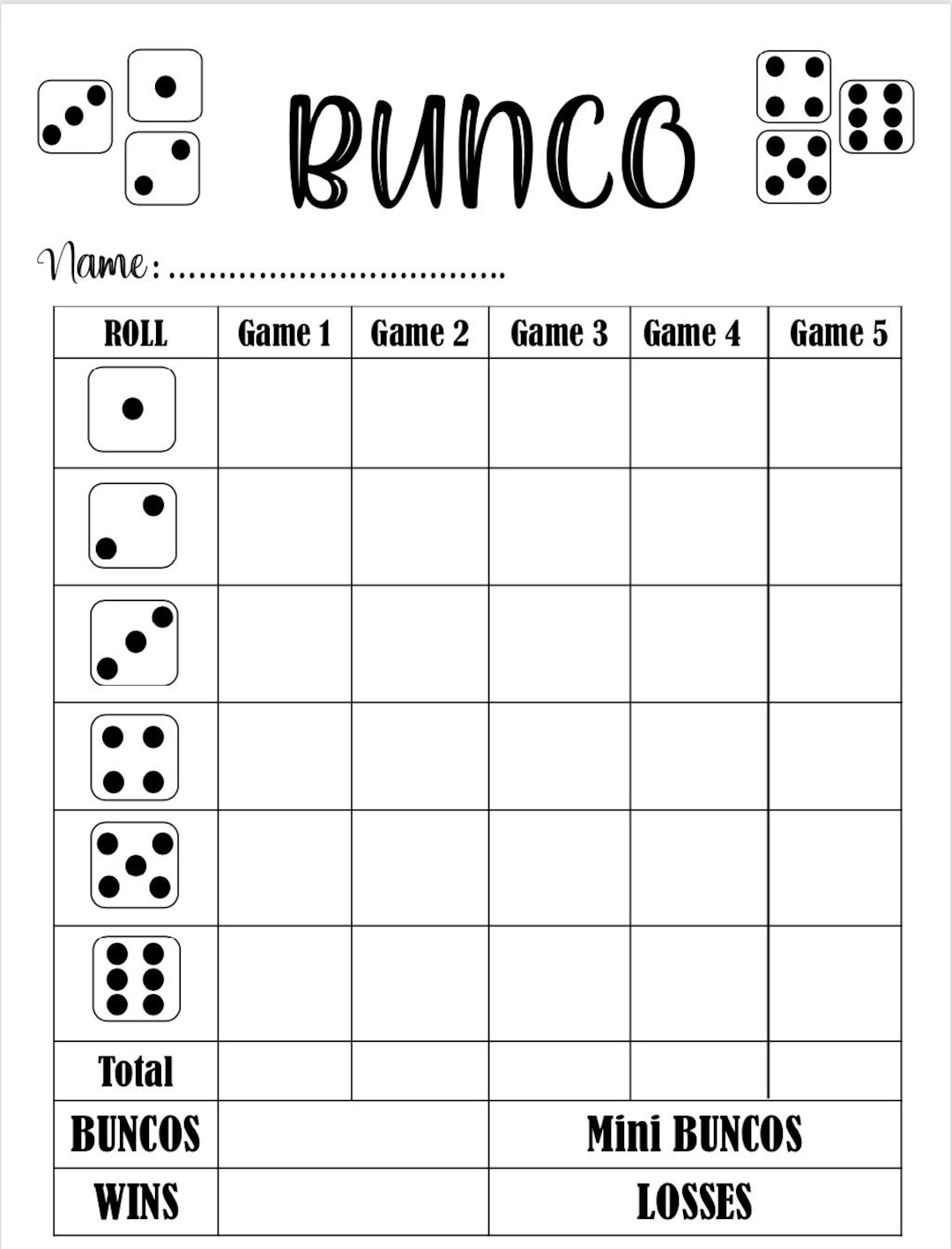 Bunco Score Card - Bunco Scoresheet - Bunco Score Pads - Printable in Bunco Cards Printable Free