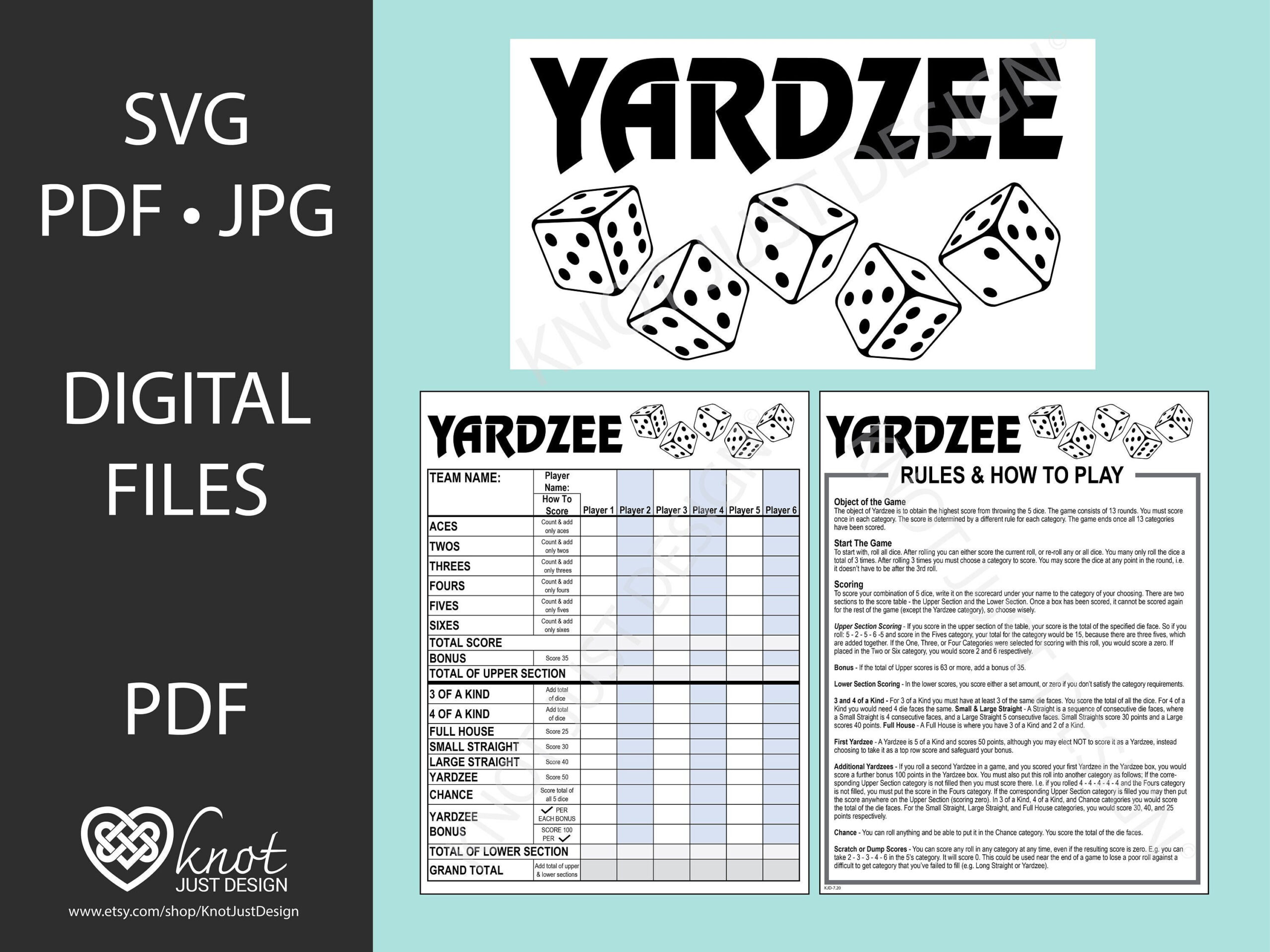 Bundle: Yardzee Digital Logo, Score Card &amp;amp; Rules. Printable throughout Yardzee Rules Printable Free