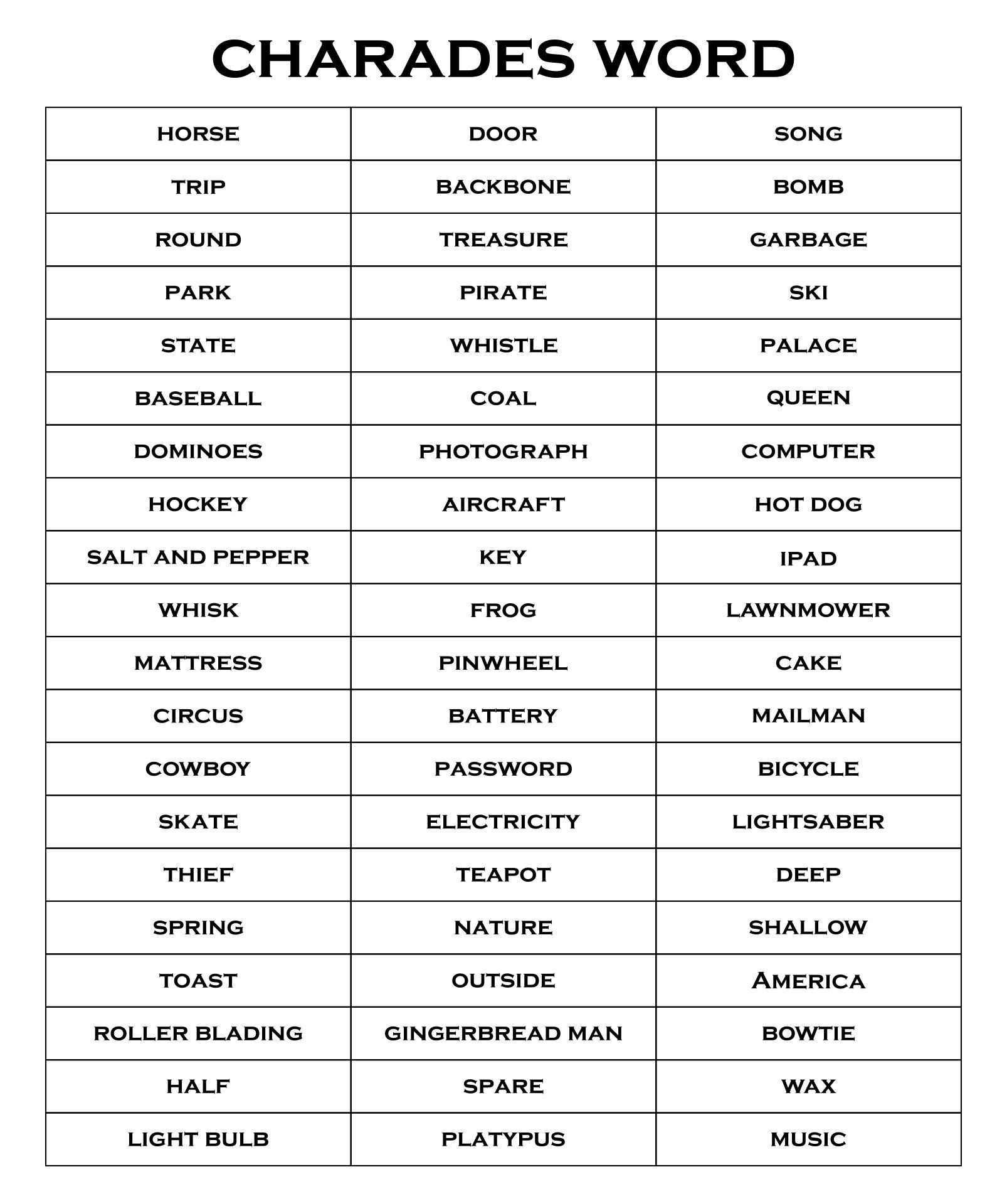 Charade Cards Printable - Printable Party Favors for Charades Free Printable Cards