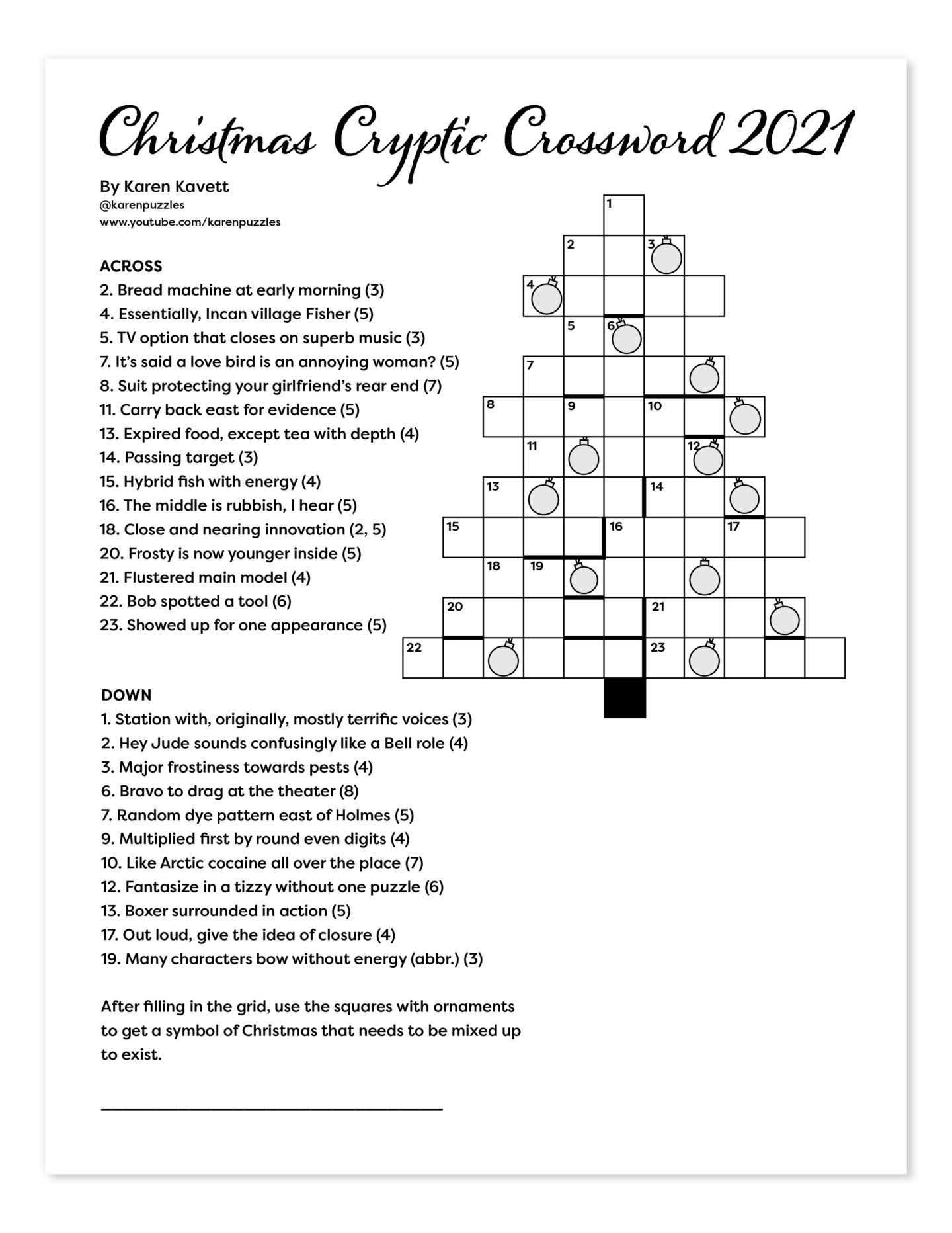 Christmas Cryptic Crossword 2021 - Karen Kavett for Cryptic Crosswords Printable