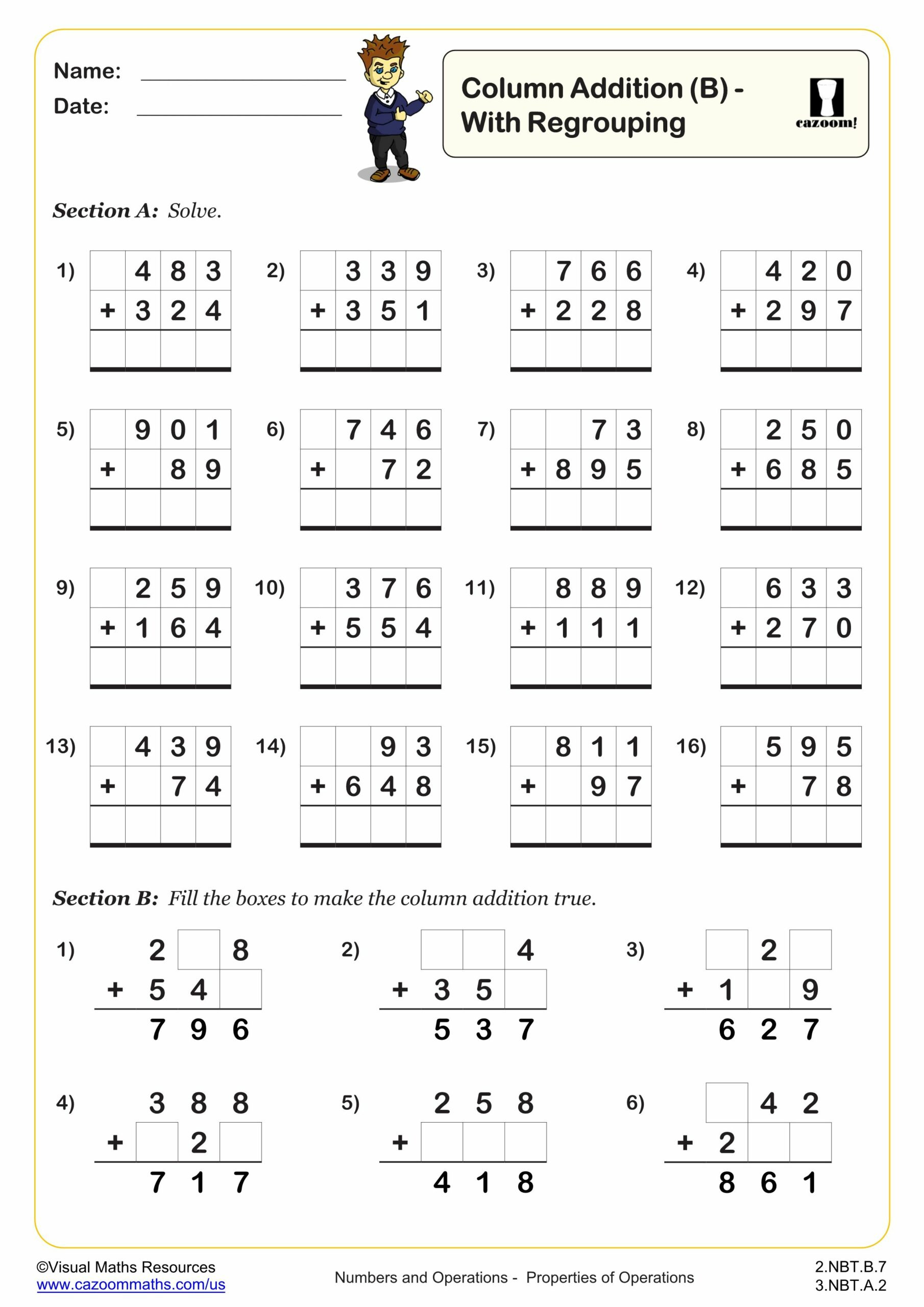 Column Addition (B) | Pdf Printable Addition Worksheets in Column Addition Worksheet Printable