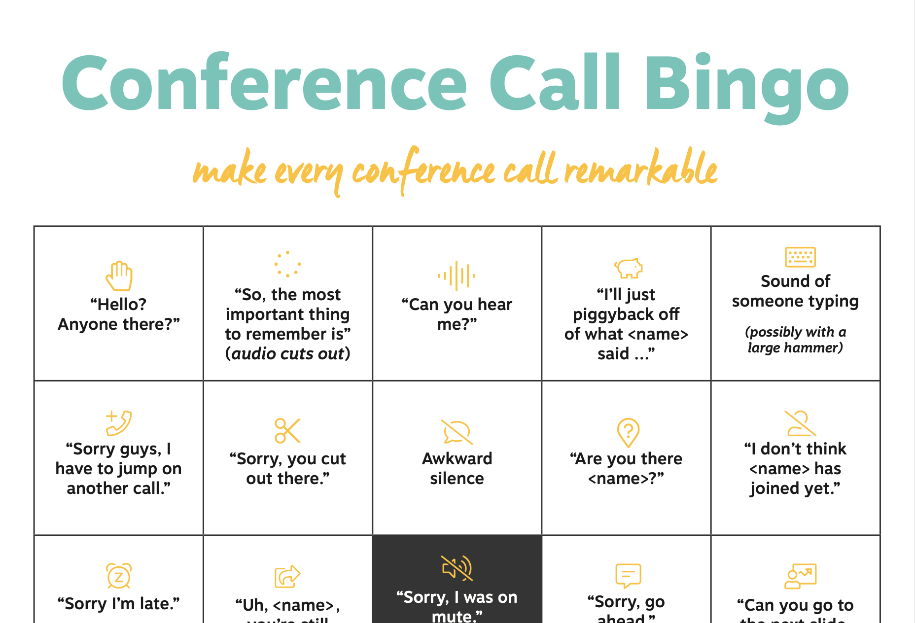 Conference Call Bingo (Downloadable Sheets) - Resound throughout Zoom Meeting Bingo Card