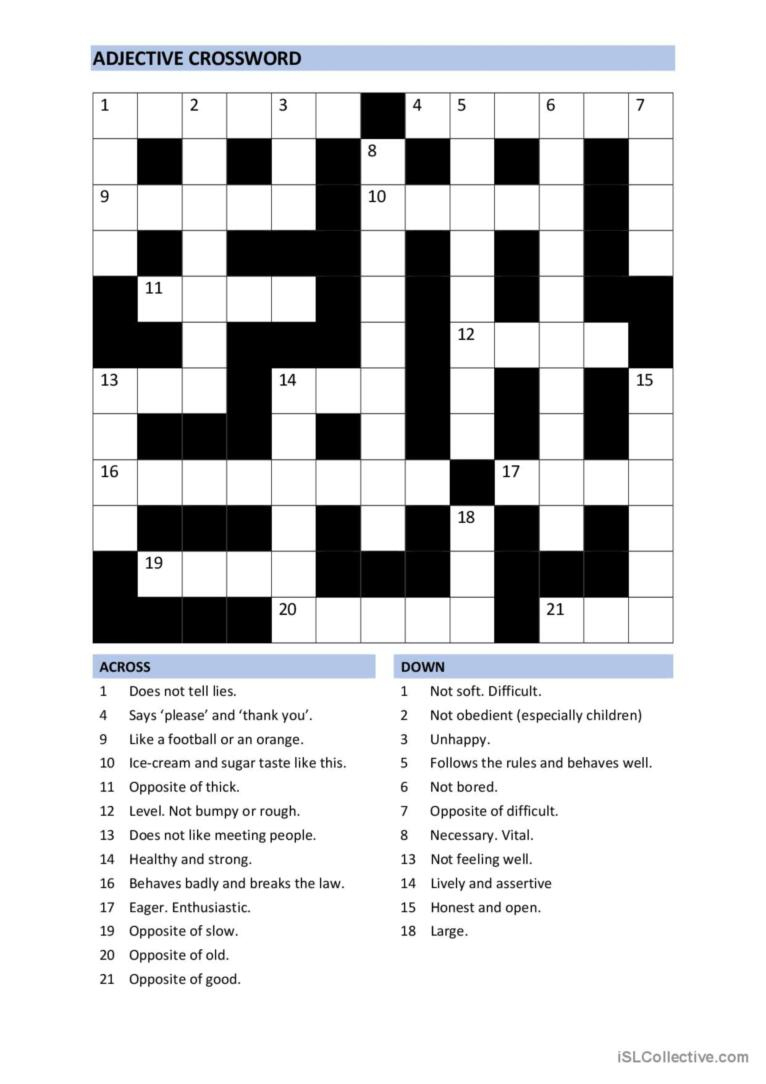 Crossword: Intermediate /Adjectives: English Esl Worksheets Pdf &amp;amp; Doc in Esl Crossword Printable