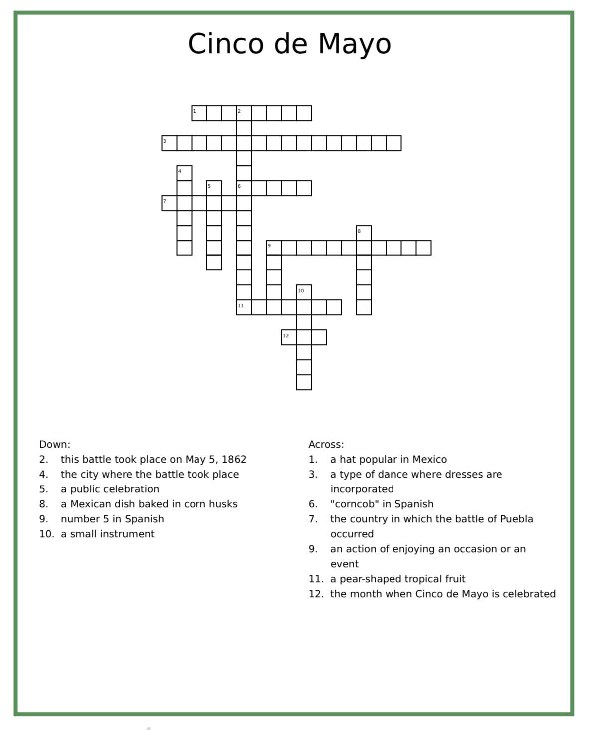 Crossword Puzzle For Cinco De Mayo - El Camino College The Union with Cinco De Mayo Crossword Puzzle Printable
