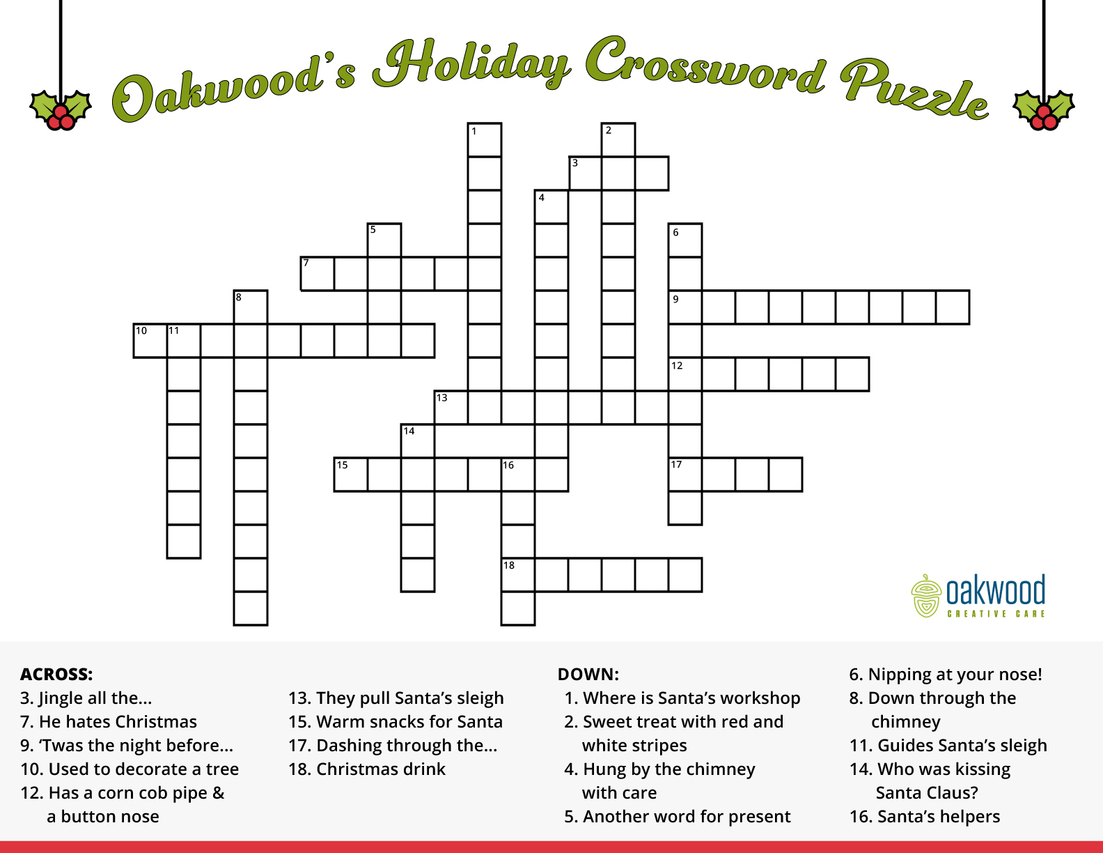 Dementia-Friendly Holiday Crossword Puzzle : Oakwood Creative Care intended for Holiday Crosswords Printable