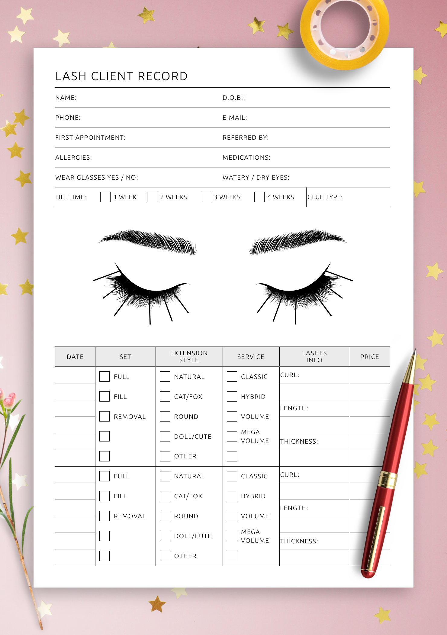 Download Printable Lash Client Record Pdf within Free Printable Printable Eyelash Extension Practice Sheet