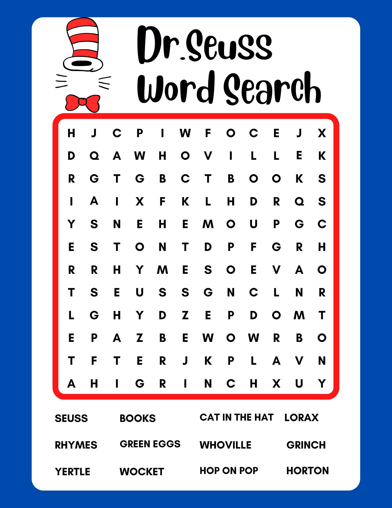 Dr. Seuss Word Search, Instant Download, Printable, Pdf - Etsy with regard to Dr Seuss Word Search Free Printable