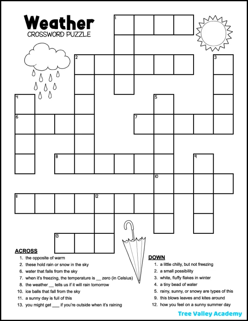 Easy Weather Crossword - Tree Valley Academy for Free Printable Crossword Puzzles For 2Nd Graders