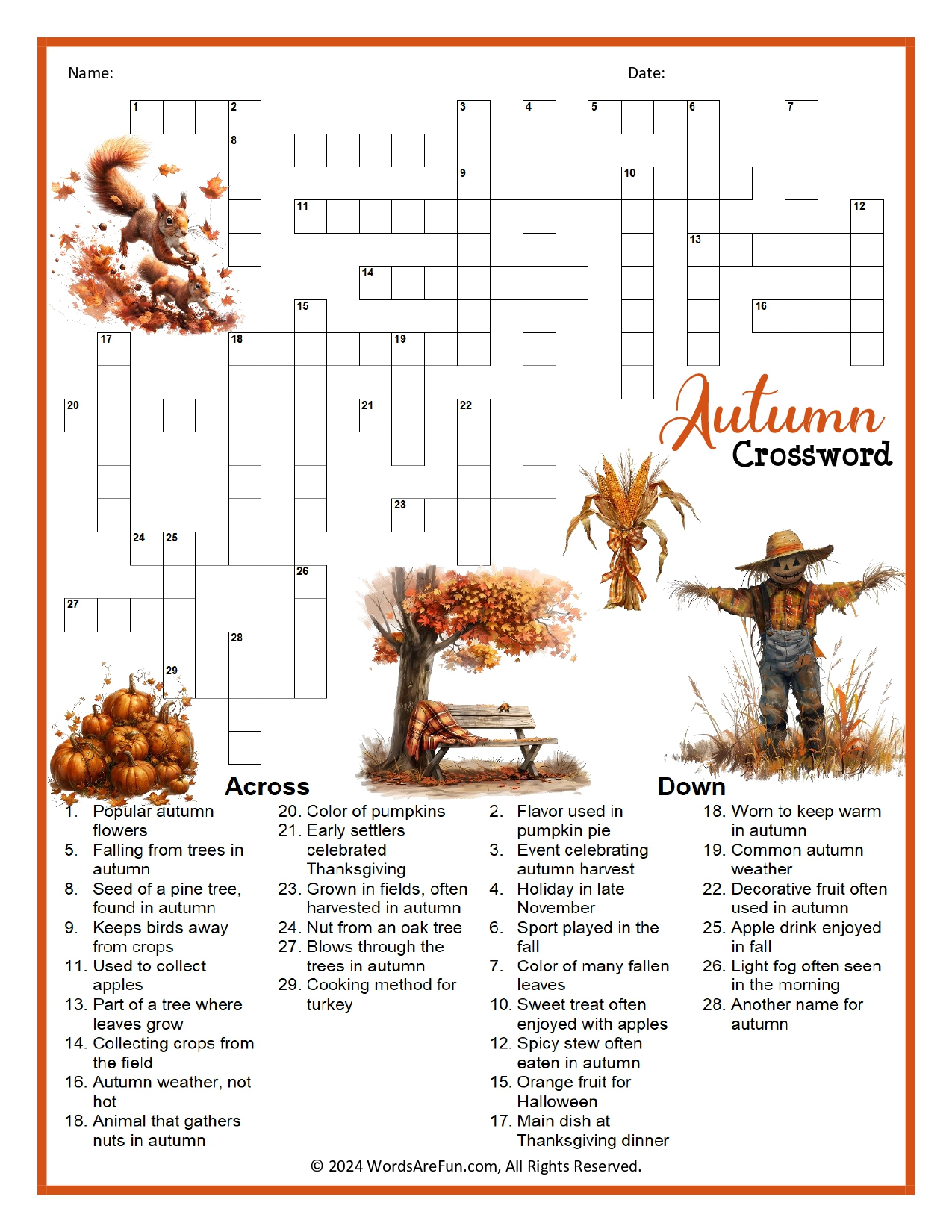 Fall Crosswords in Fall Crosswords Printable