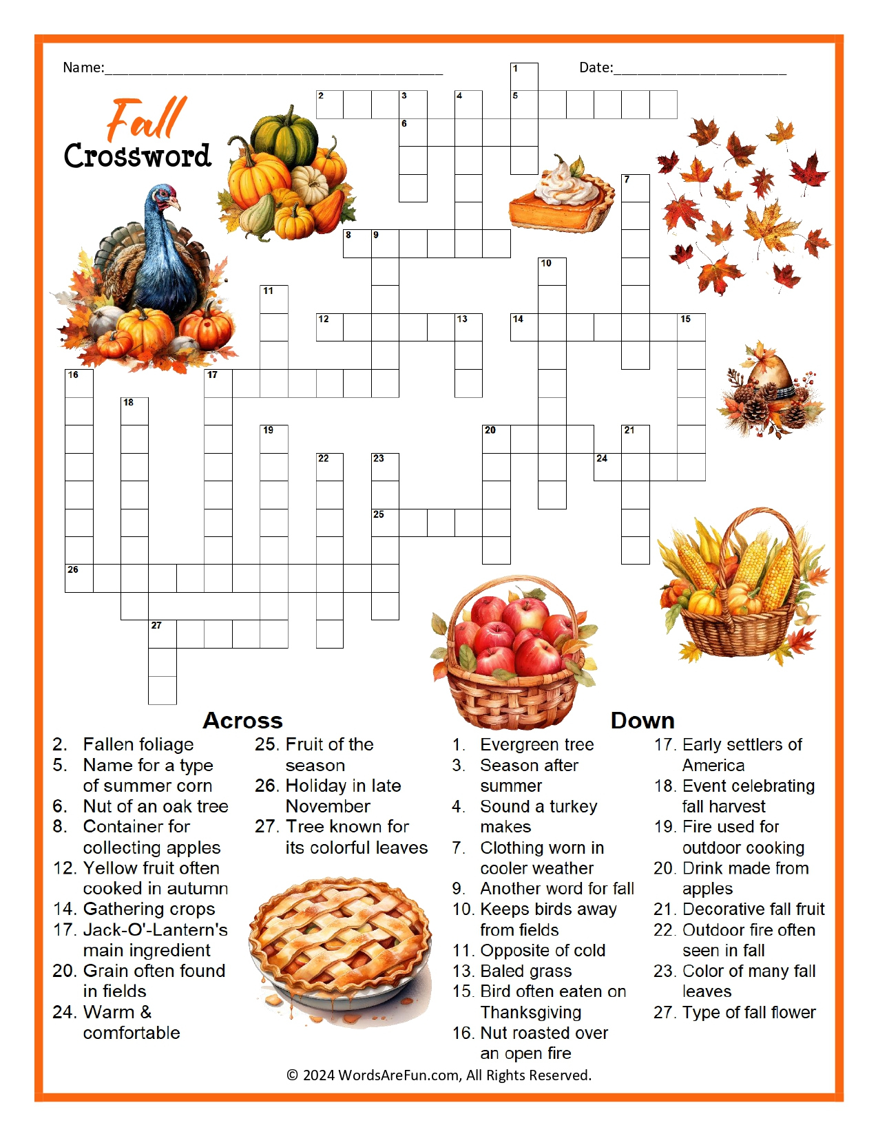 Fall Crosswords within Fall Crosswords Printable