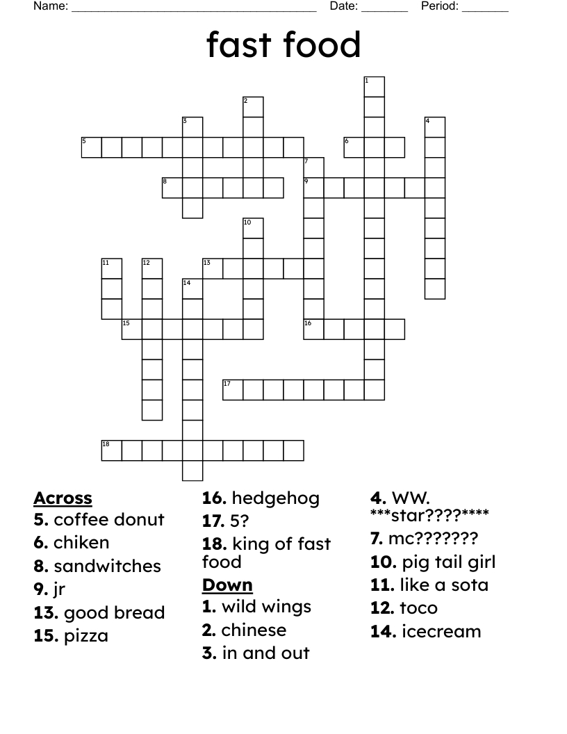 Fast Food Crossword - Wordmint pertaining to Food Crossword Puzzles Printable