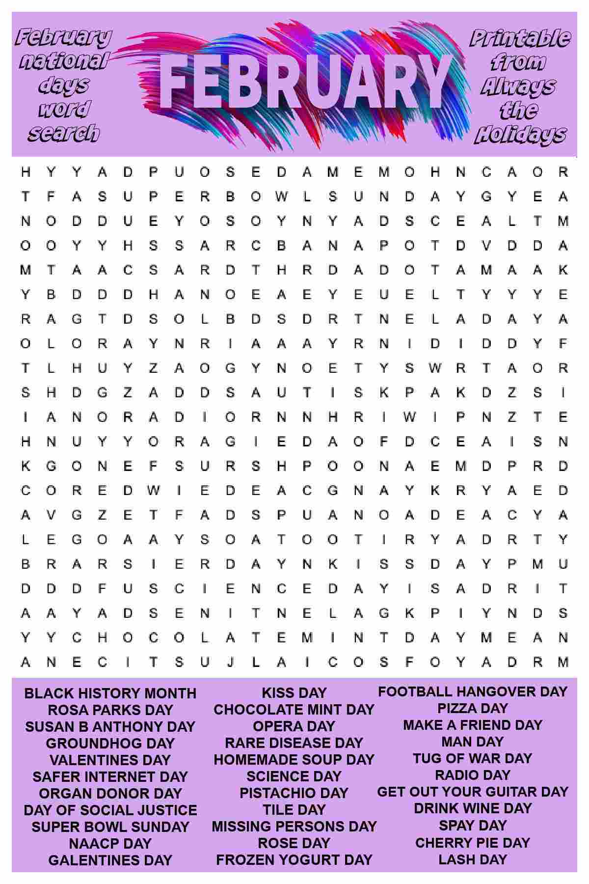 February Word Search Printable - National Days Word Find Puzzle intended for February Word Search Free Printable