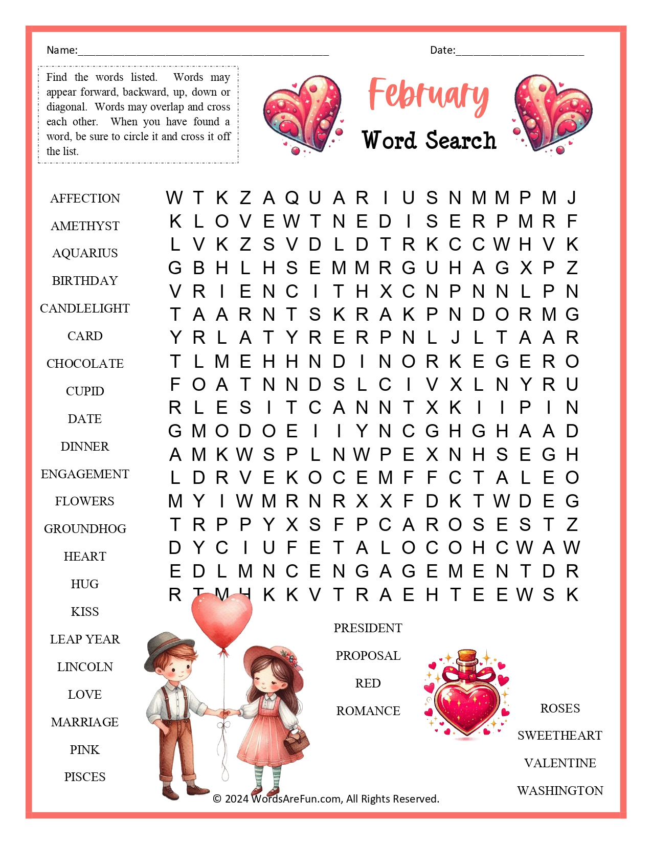 February Word Search with regard to February Word Search Free Printable