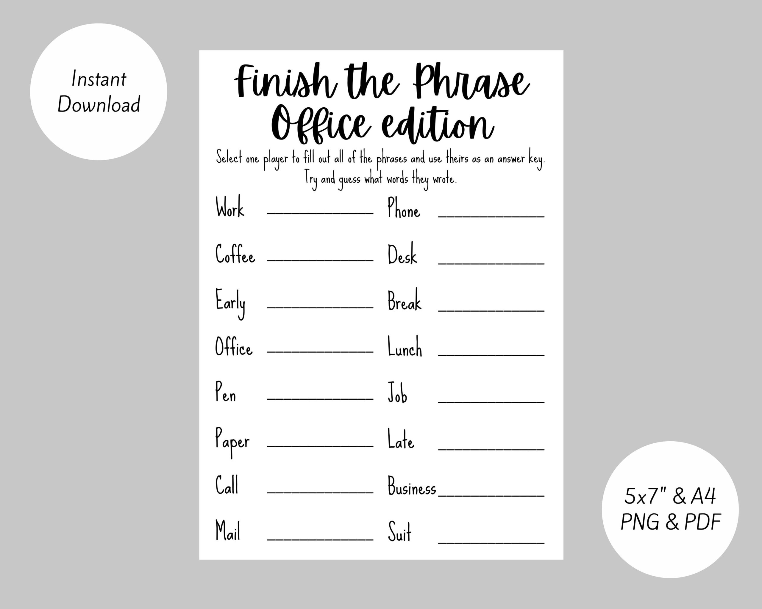 Finish The Phrase Office Edition - Team Building/ Office Party with Finish The Phrase Printable
