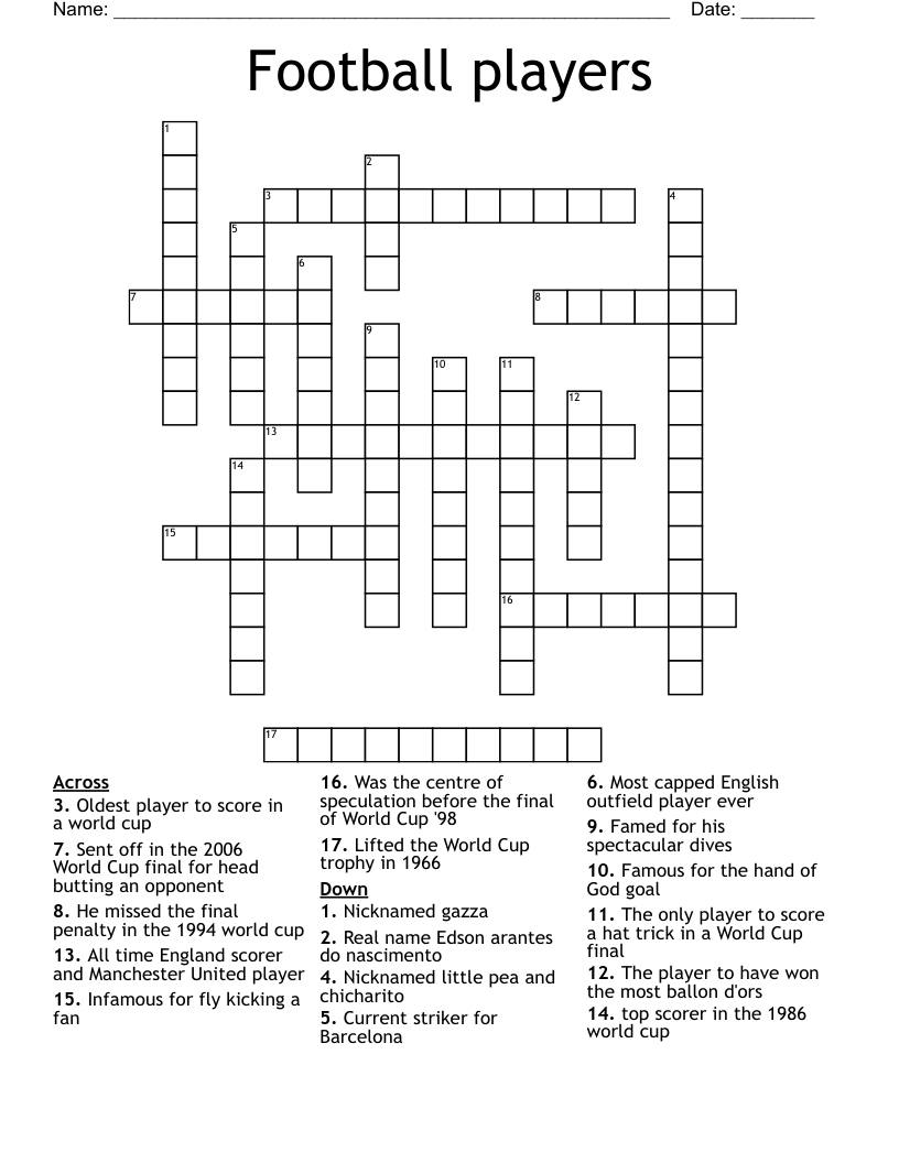 Football Players Crossword - Wordmint inside Football Crossword Puzzle Printable