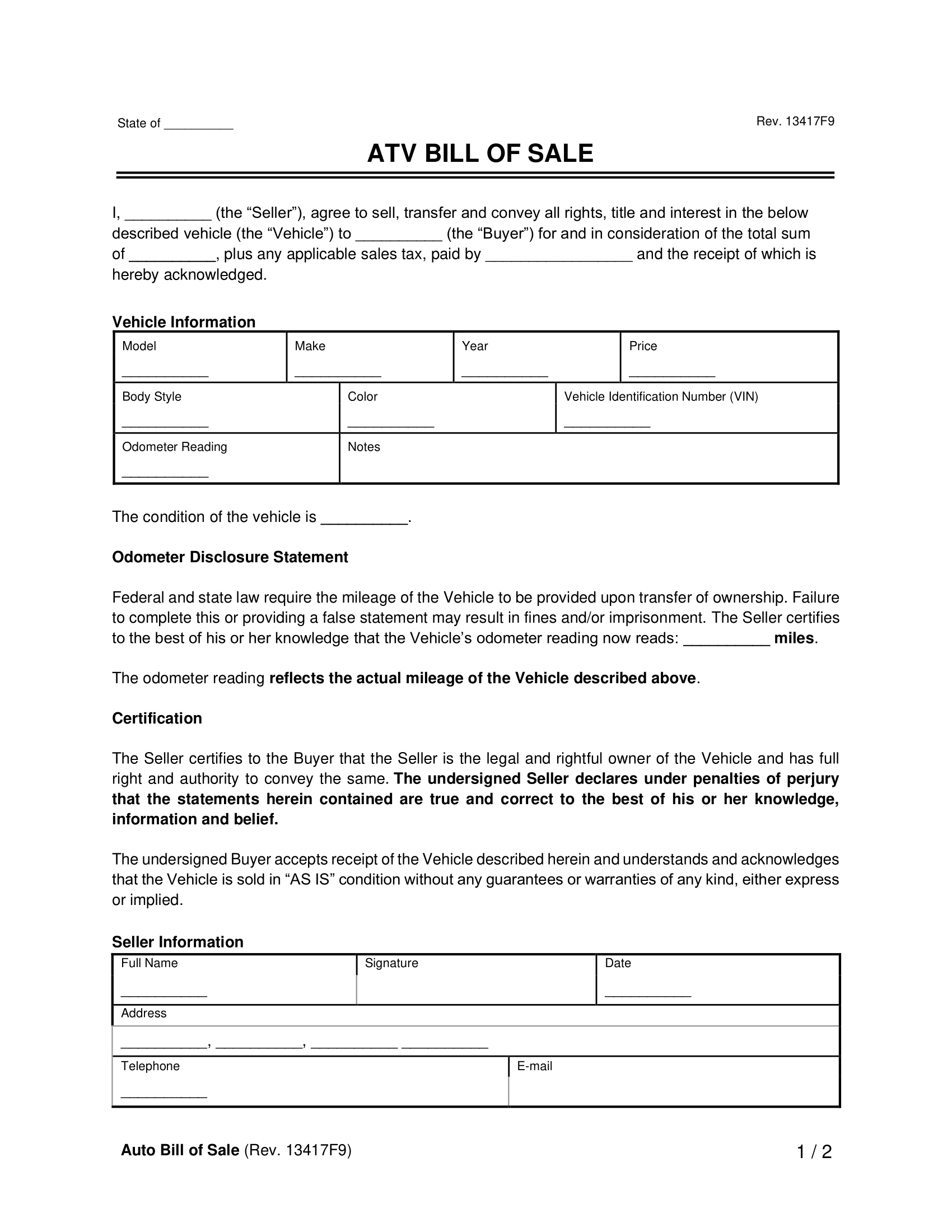 Free All-Terrain Vehicle (Atv) Bill Of Sale Form| Pdf &amp;amp; Word for Printable Atv Bill of Sale