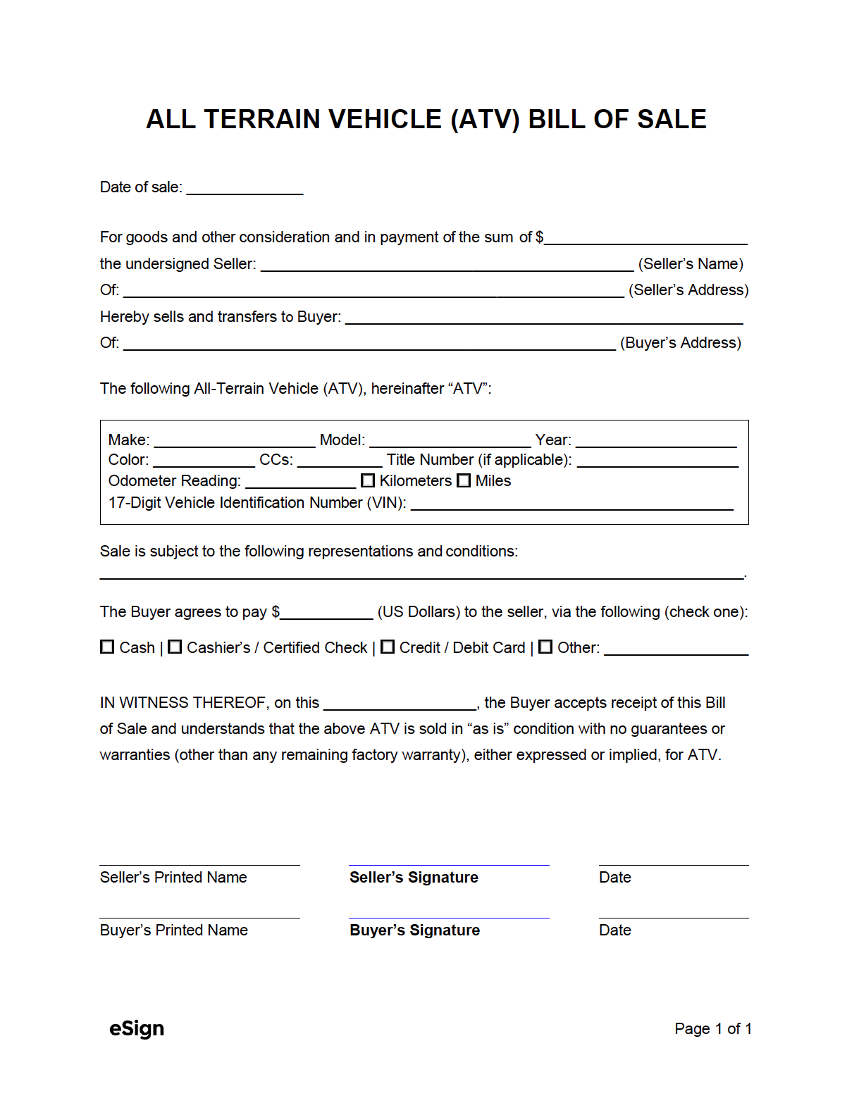 Free Atv Bill Of Sale Form | Pdf | Word with Printable Atv Bill Of Sale