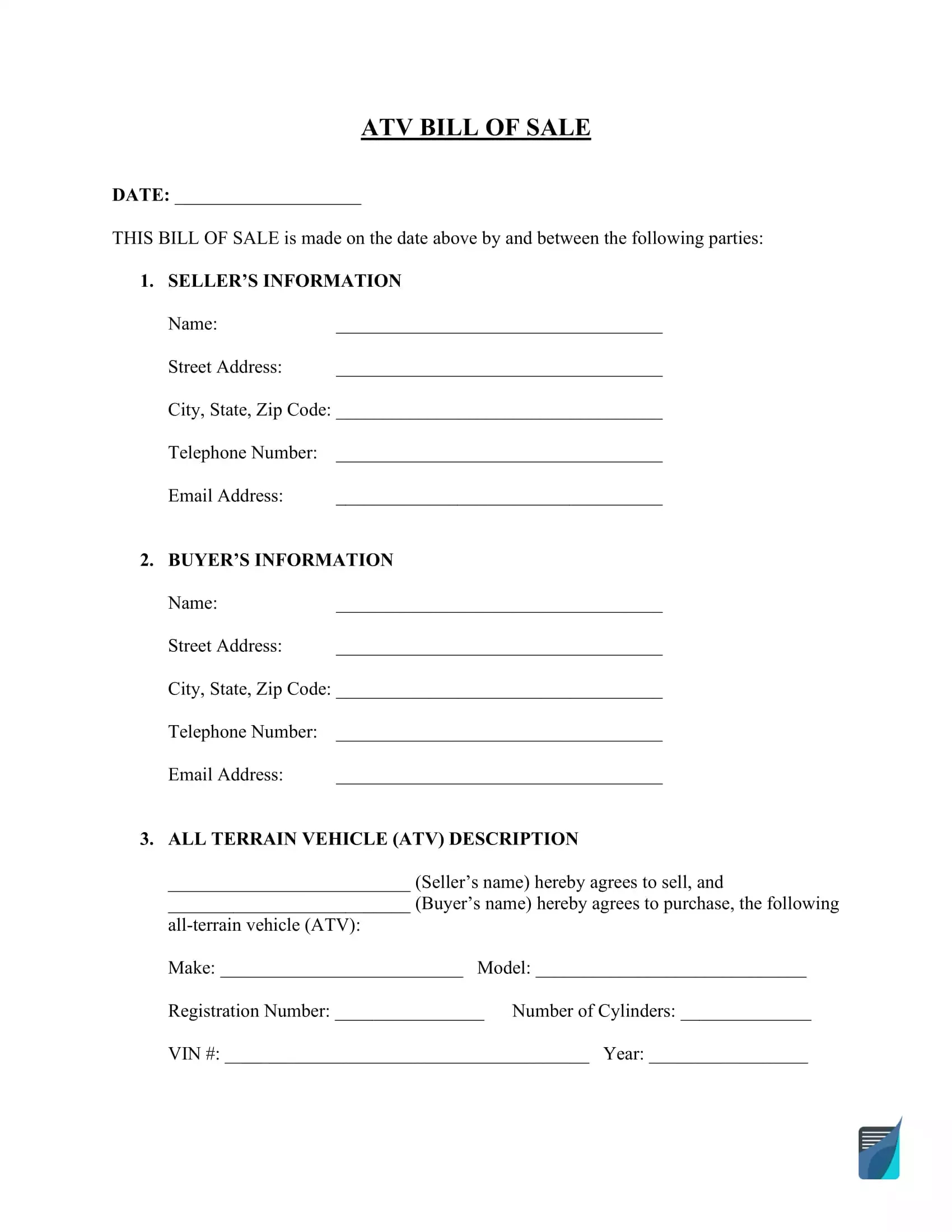 Free Atv (Four-Wheeler) Bill Of Sale Form | Formspal within Printable Atv Bill Of Sale