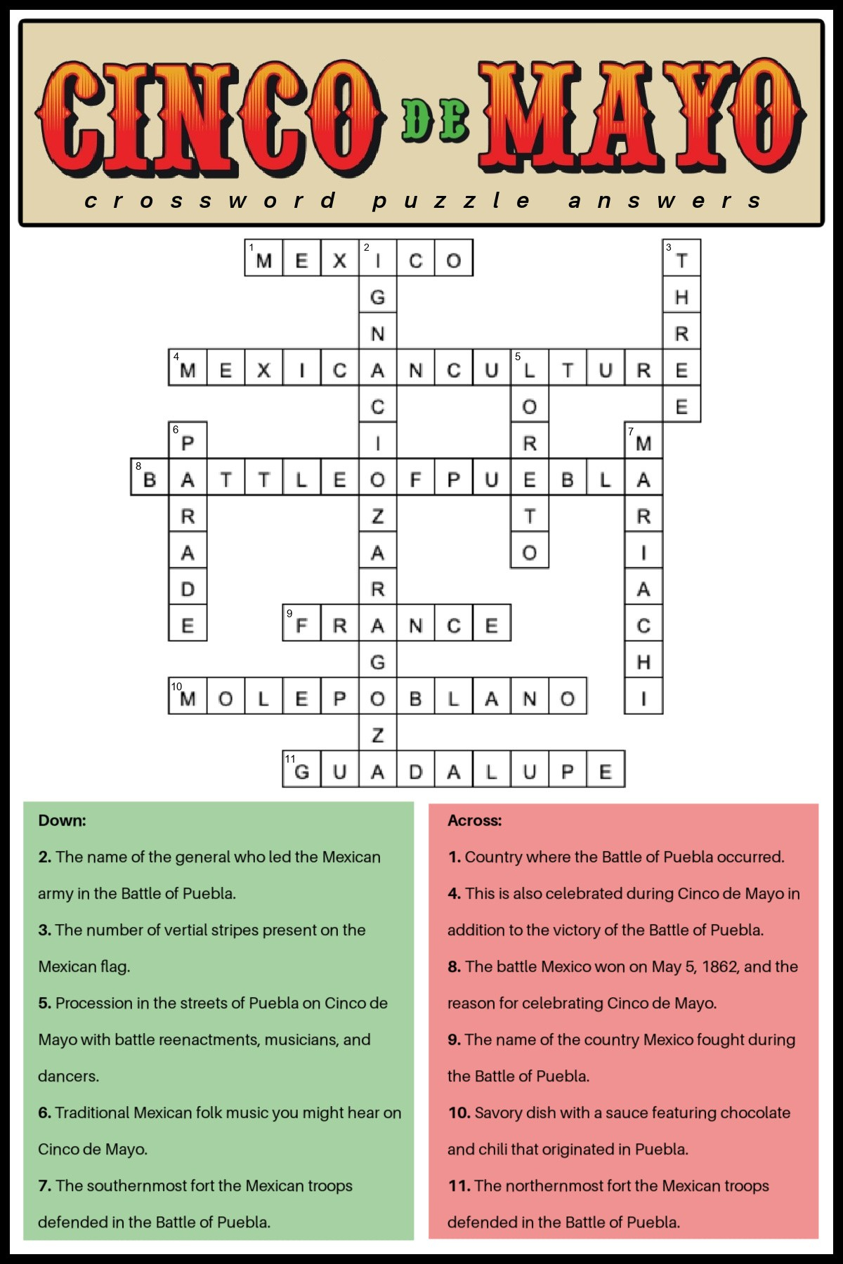Free Cinco De Mayo Crossword Puzzles (2 Versions) With Answers within Cinco De Mayo Crossword Puzzle Printable