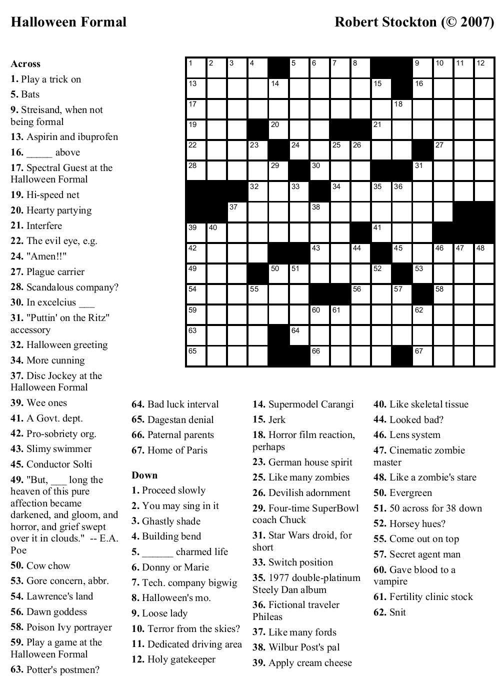 Free Crossword Puzzle #17: &amp;quot;Halloween Formal&amp;quot; | Beekeeper Crosswords for Halloween Printable Crossword Puzzles
