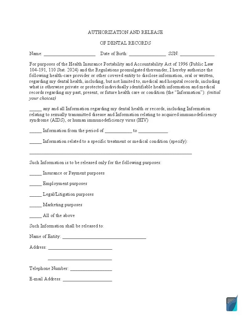 Free Dental Records Release Form (Hipaa) | Formspal pertaining to Printable Dental Records Release Form