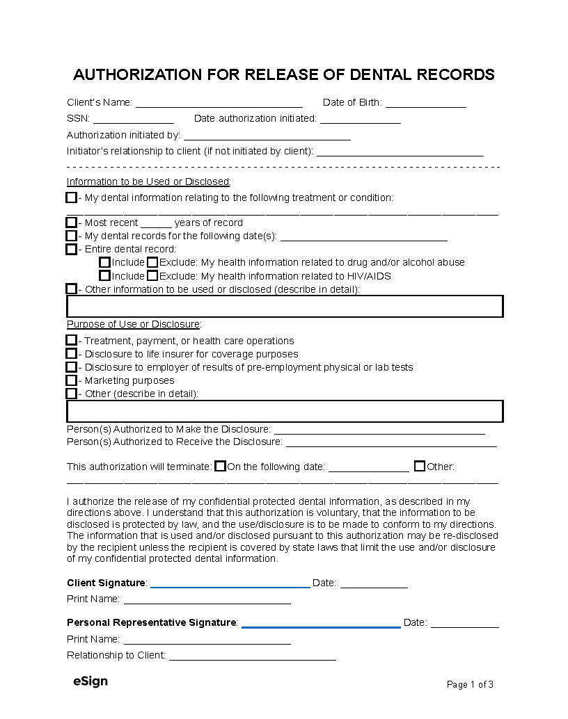 Free Dental Records Release Form (Hipaa) | Pdf | Word pertaining to Printable Dental Records Release Form
