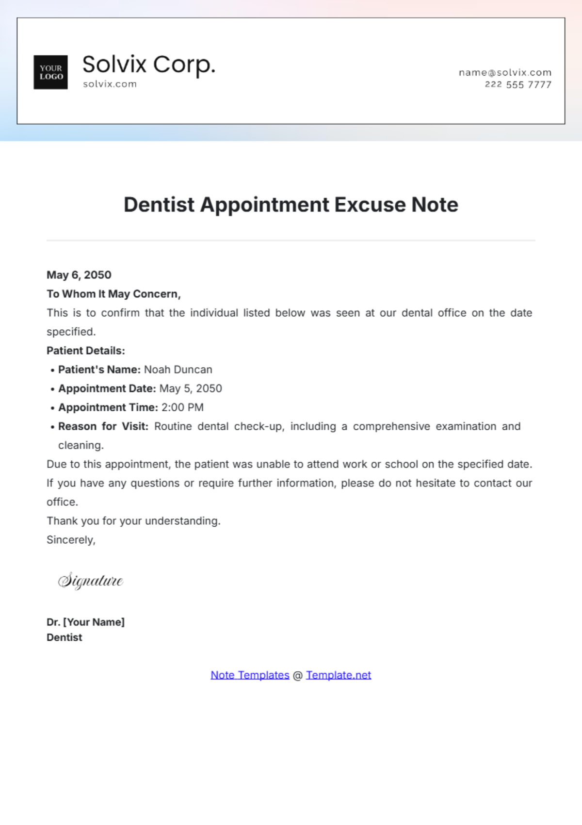 Free Dentist Appointment Excuse Note Template To Edit Online within Free Printable Dental Excuse Note