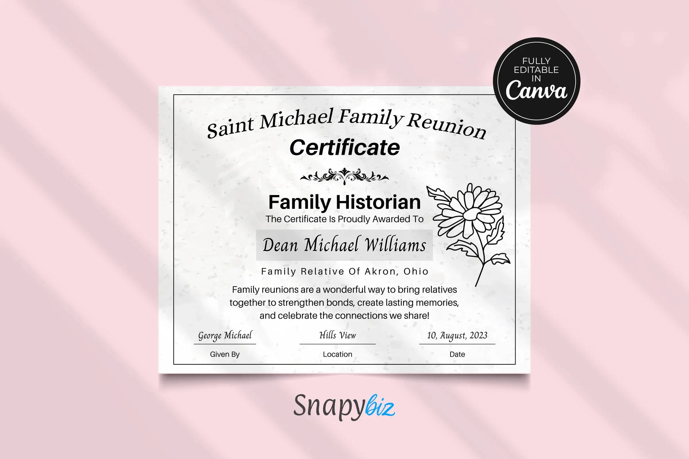 Free Family Reunion Awards Canva Certificate | Snapybiz within Family Reunion Certificates Free Printable