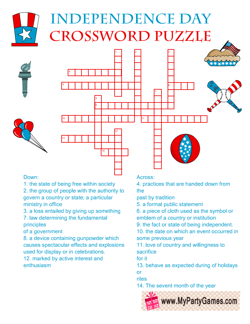 Free Printable 4Th Of July Crossword Puzzle With Answer Key for 4th July Crossword Puzzle Printables