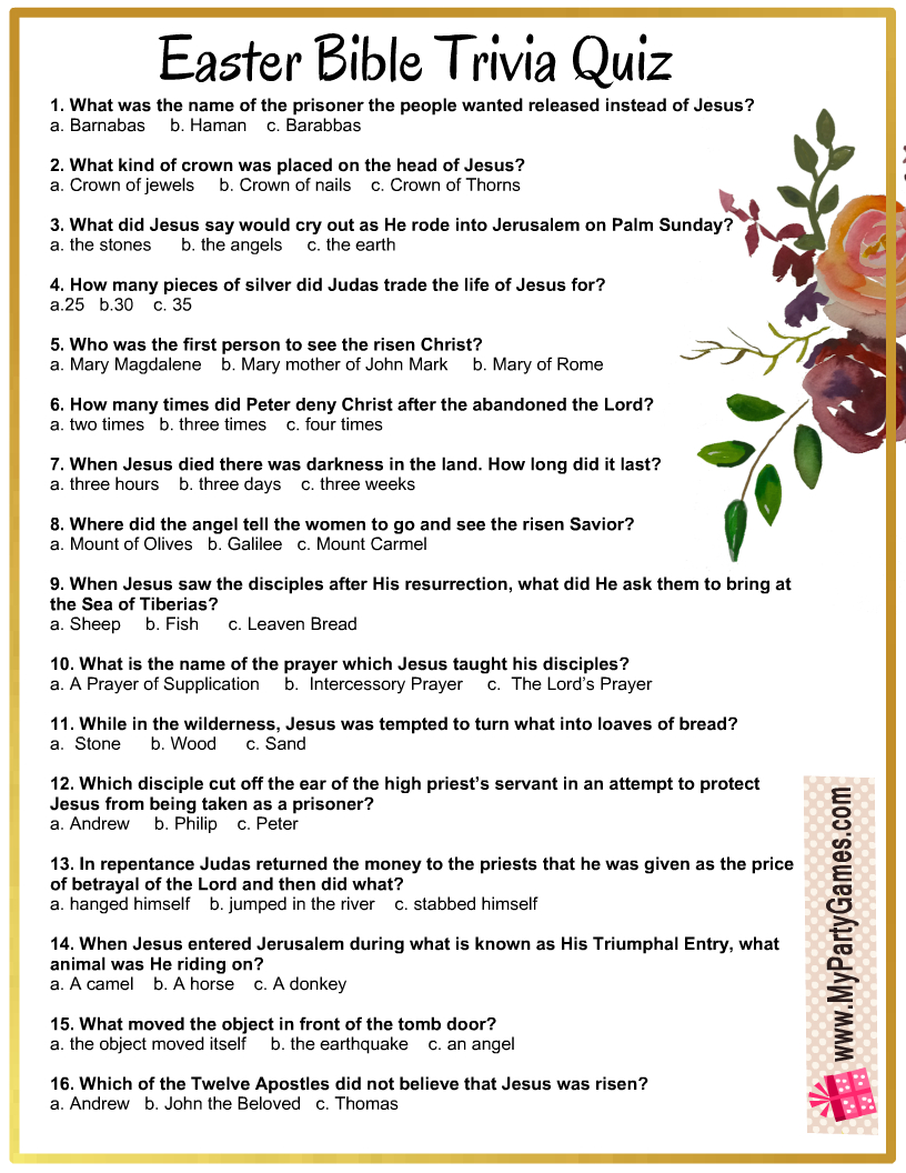 Free Printable Easter Bible Trivia Quiz With Answer Key for Printable Bible Trivia Games