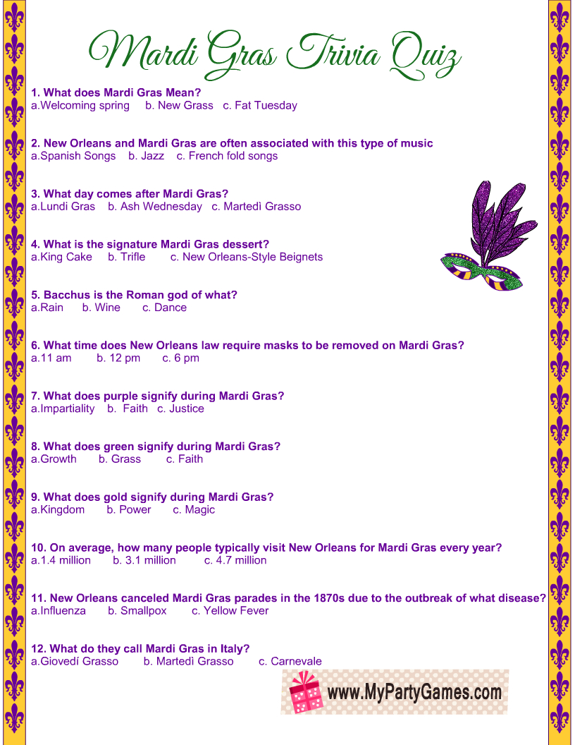 Free Printable Mardi Gras Trivia Quiz With Answer Key within Mardi Gras Trivia Printable Free