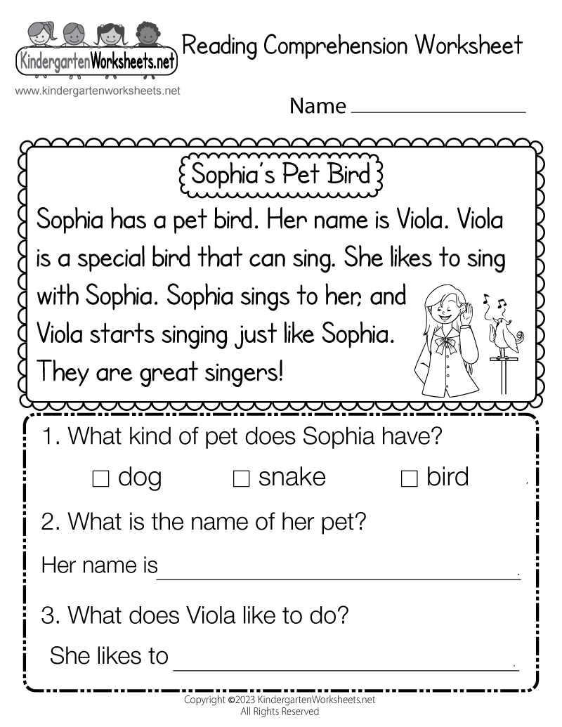 Free Printable Reading Comprehension Worksheet regarding Reading Worksheets Printable For Kindergarten