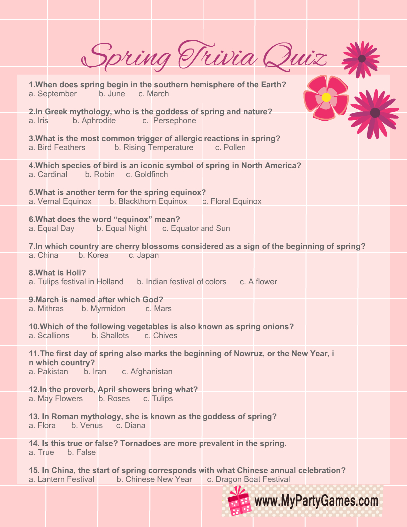 Free Printable Spring Trivia Quiz With Answer Key with Springtime Trivia Questions and Answers Printable