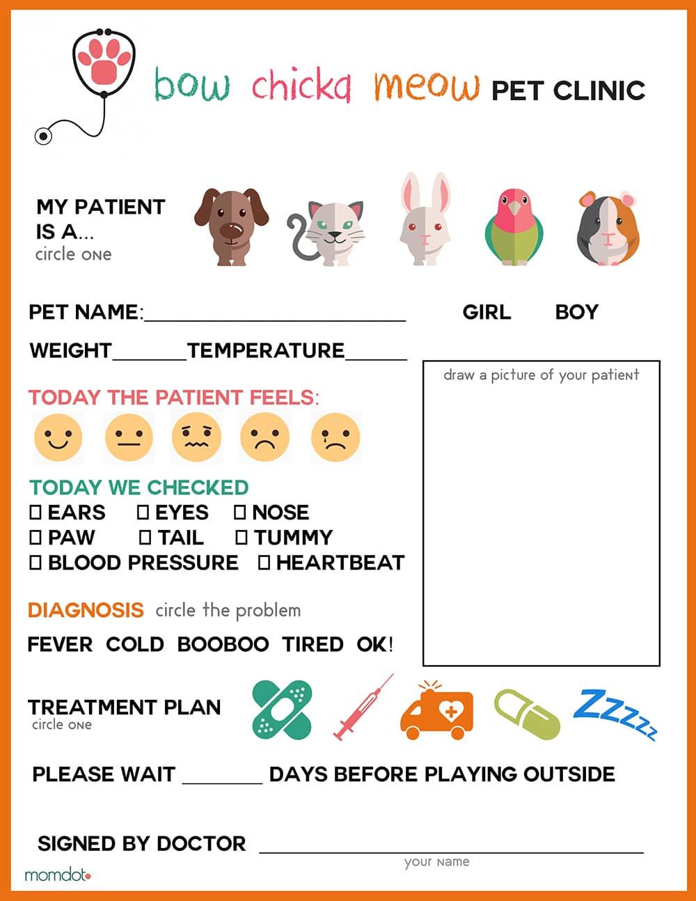 Free Printable: Vet Office Pretend Play Sheet with Vet Clinic Dramatic Play Free Printables