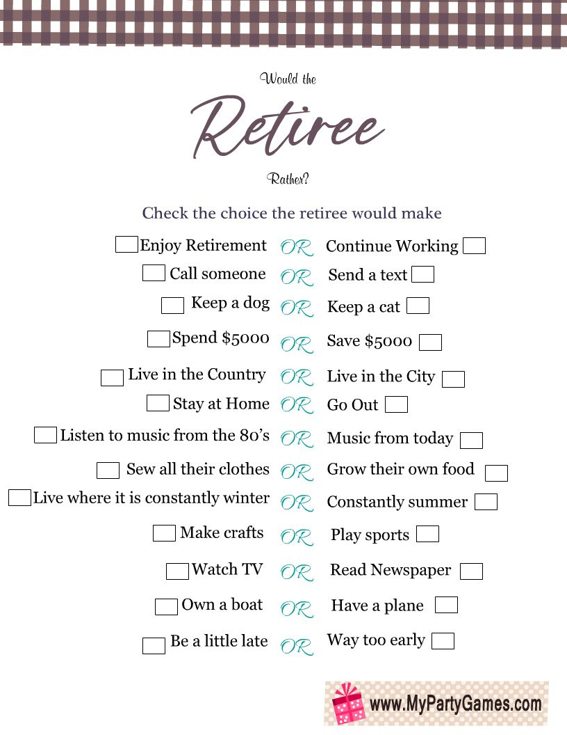 Free Printable Would The Retiree Rather? Retirement Game with regard to Retirement Party Games Free Printable